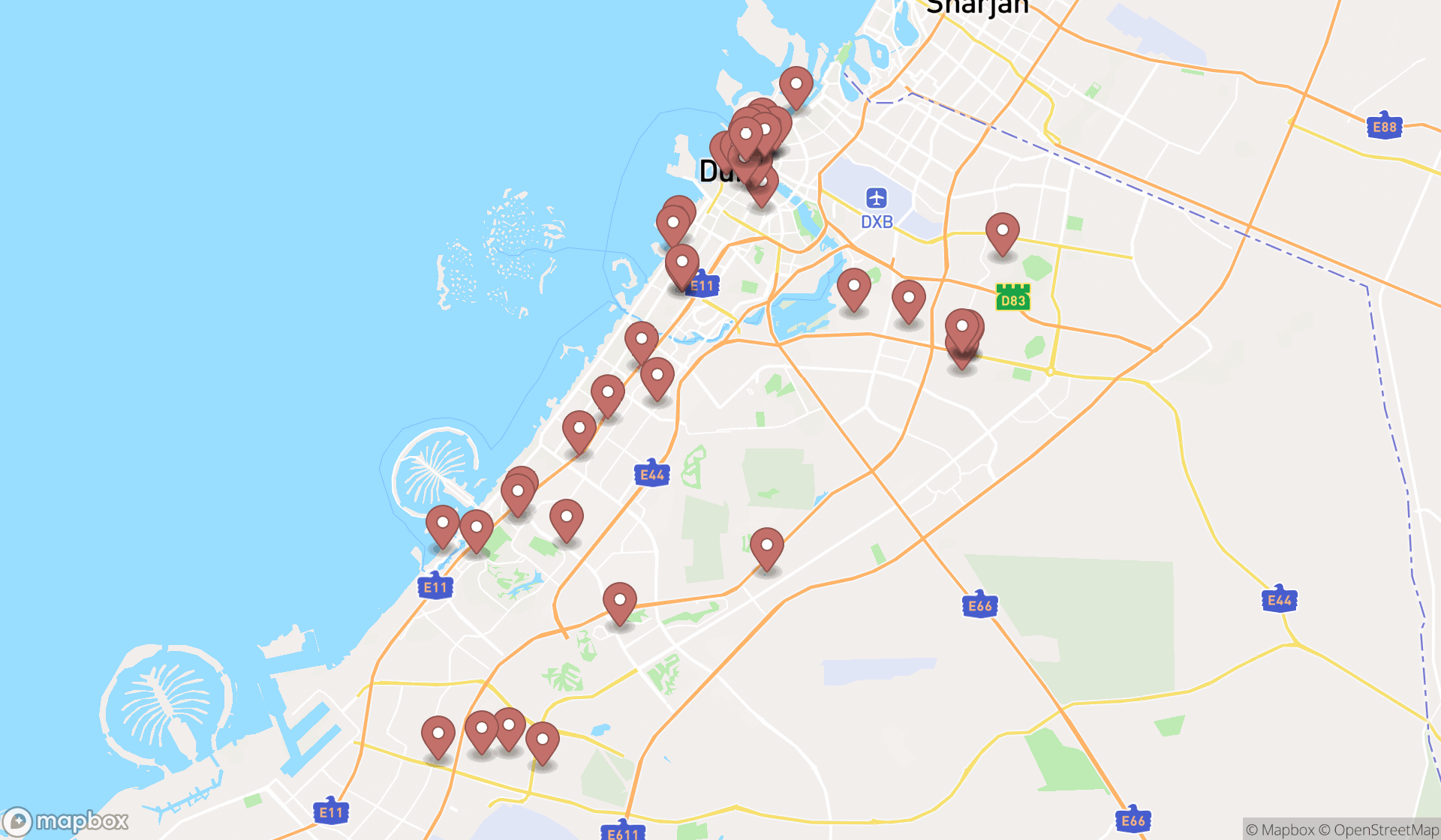 Map showing the search results in Dubai