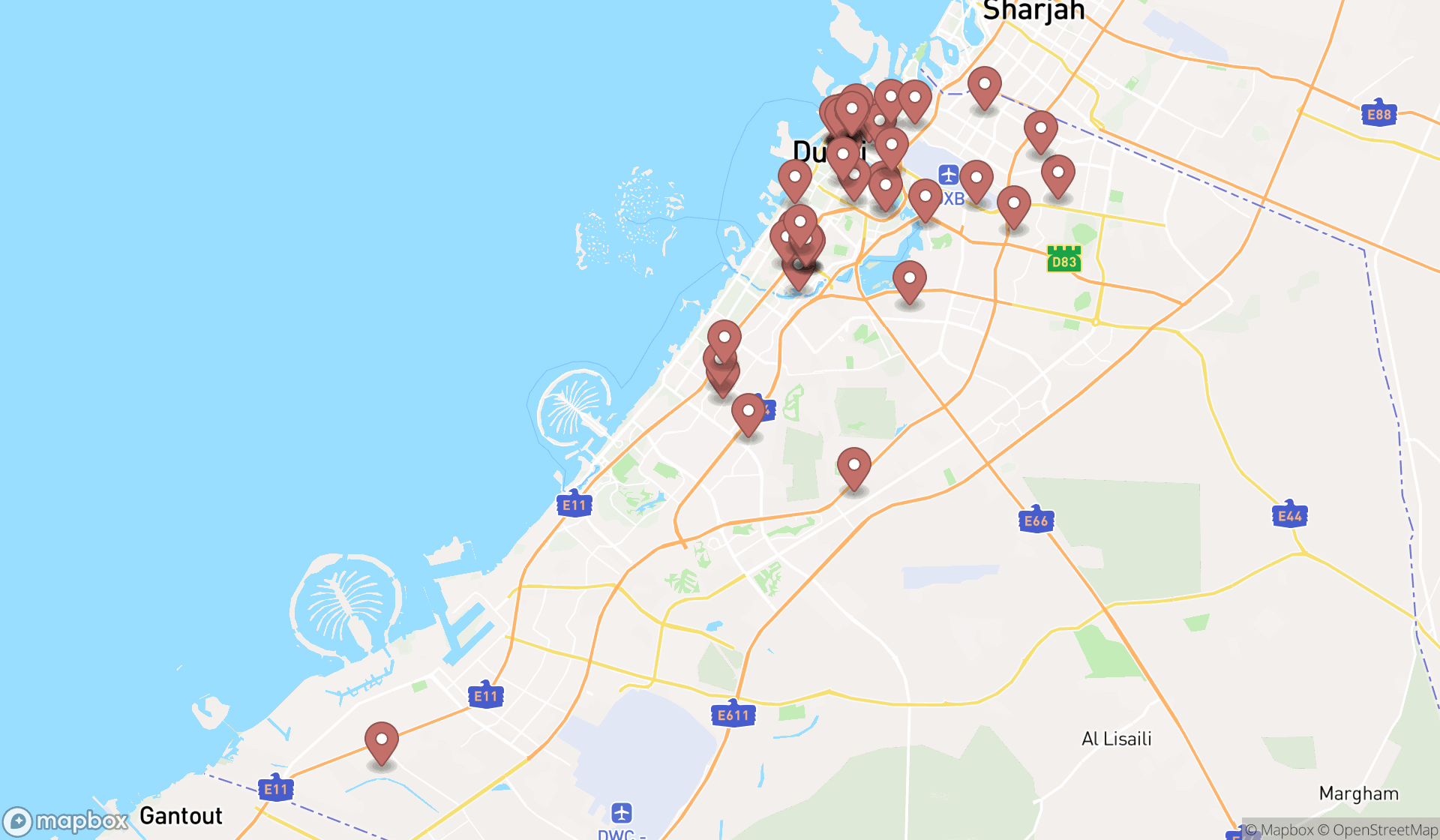 Map showing the search results in Dubai