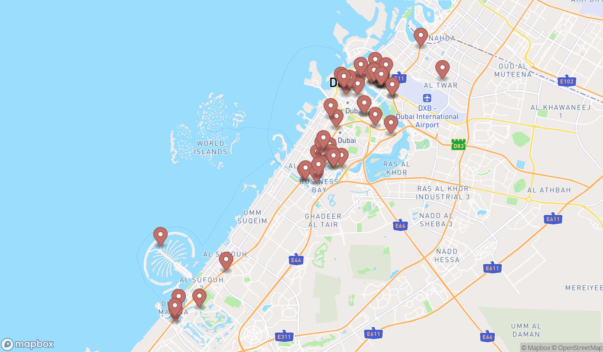 Map showing the search results in Dubai