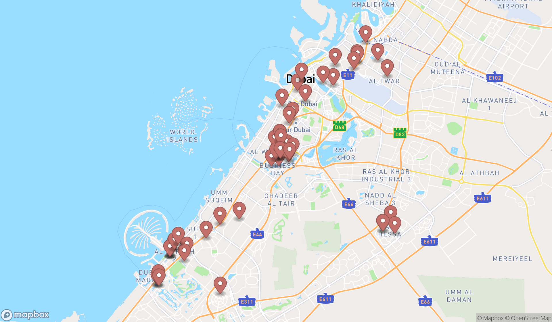Map showing the search results in Dubai