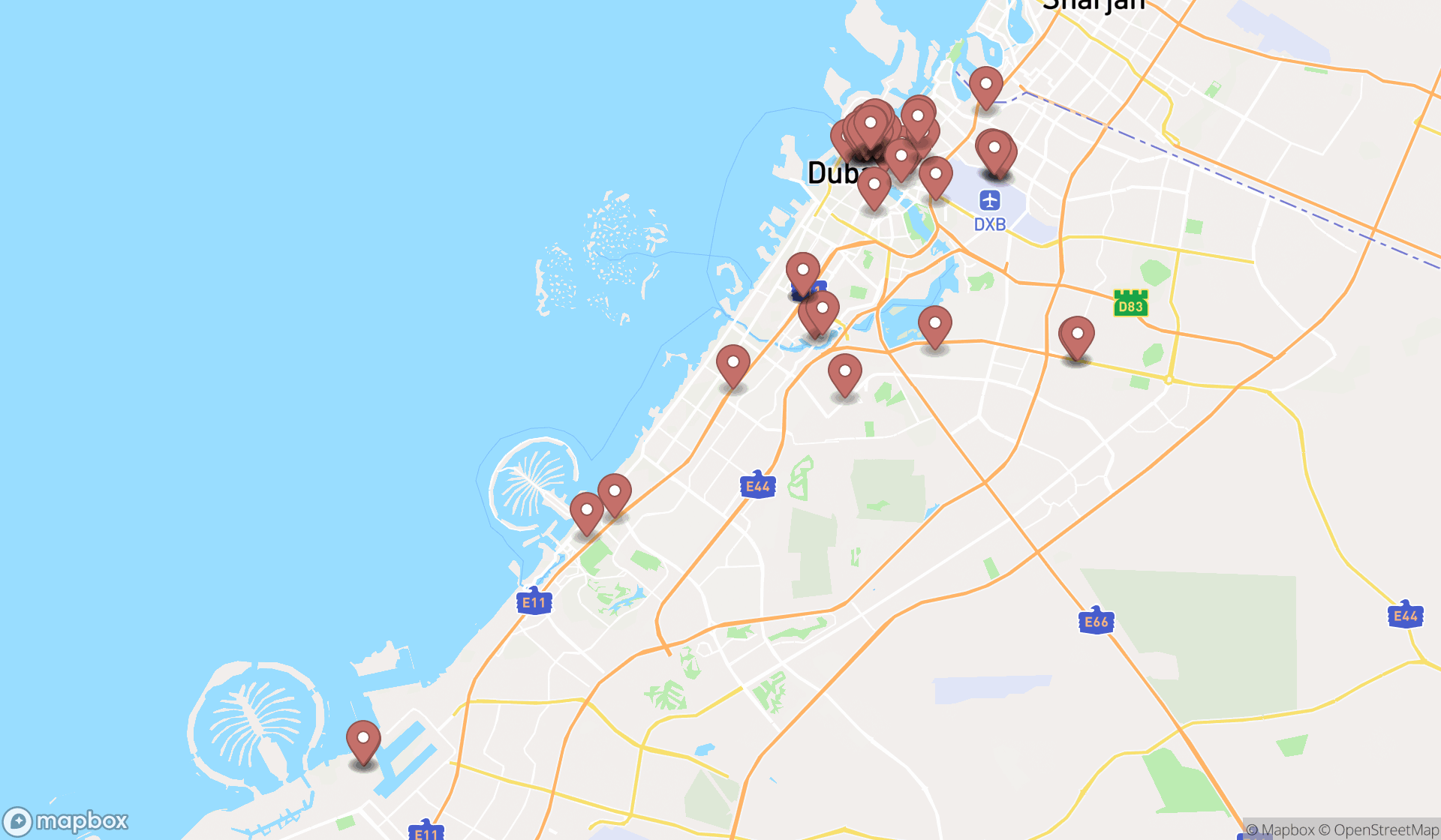 Map showing the search results in Dubai