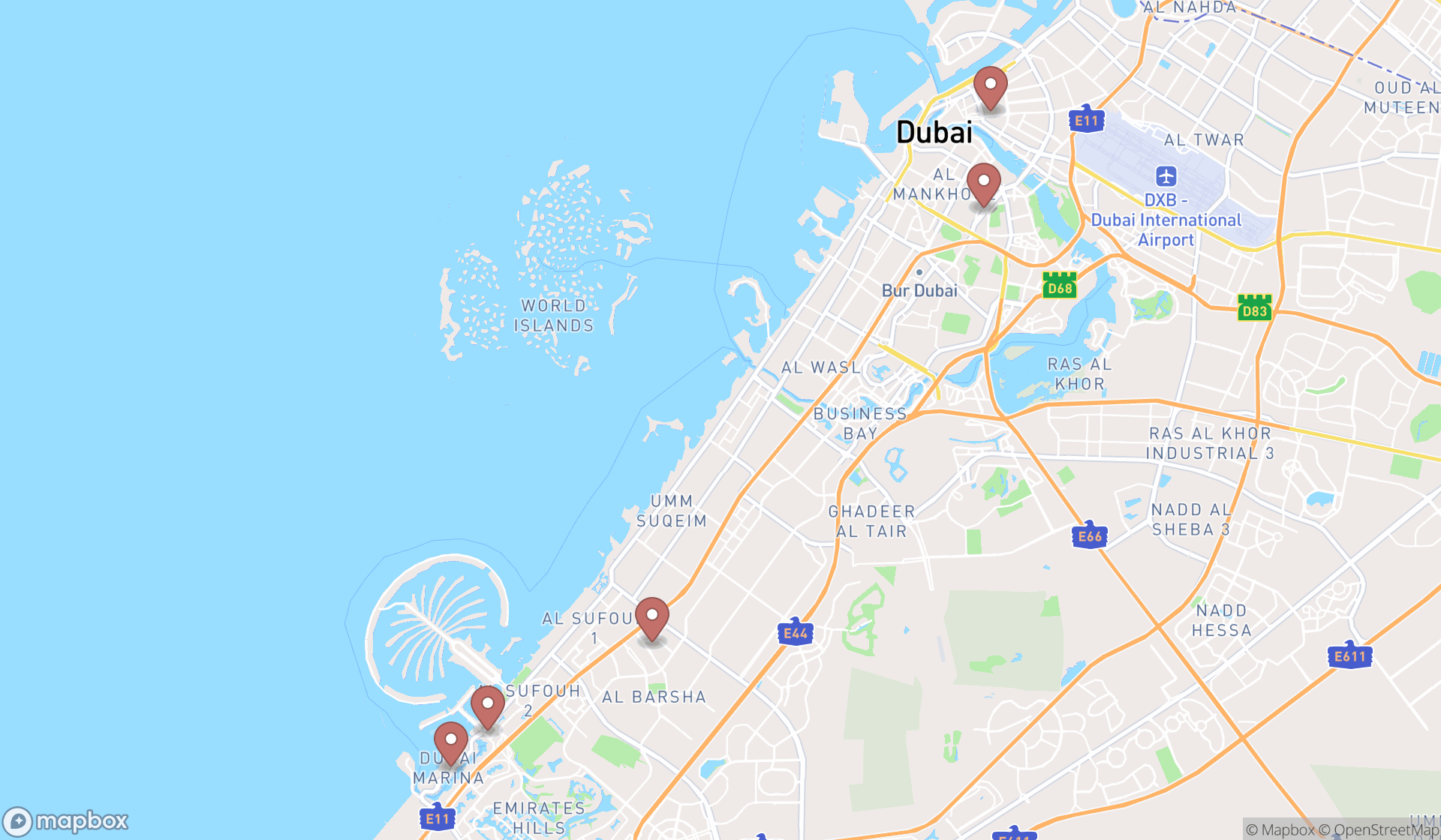 Map showing the search results in Dubai