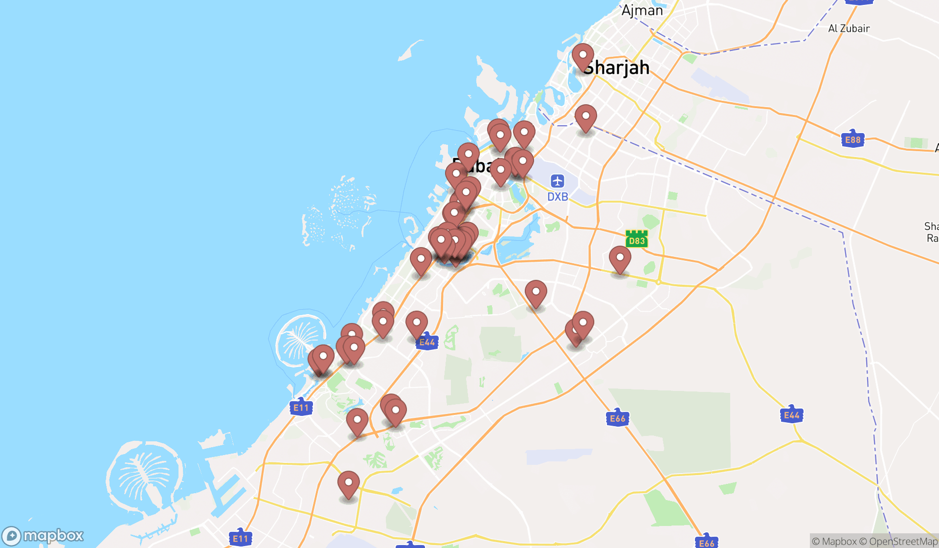Map showing the search results in Dubai