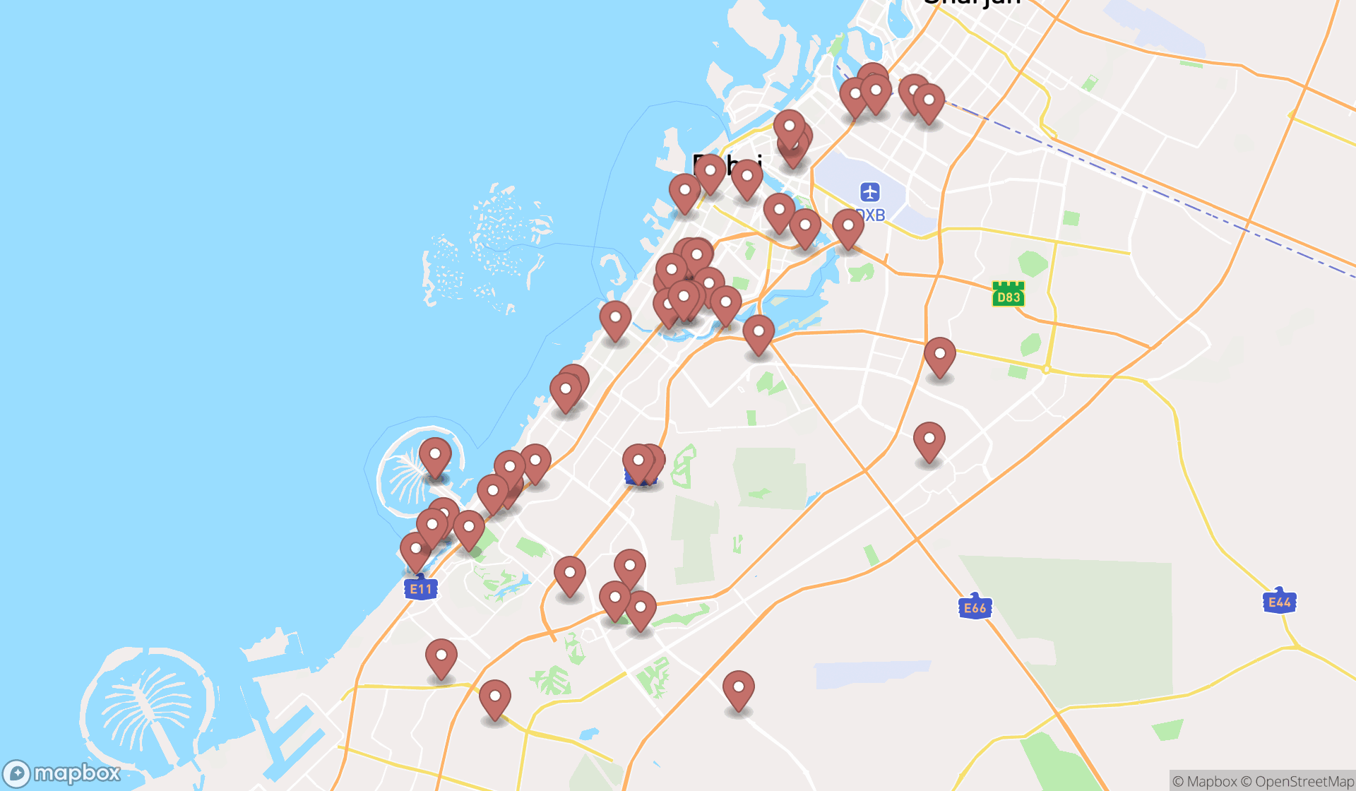 Map showing the search results in Dubai