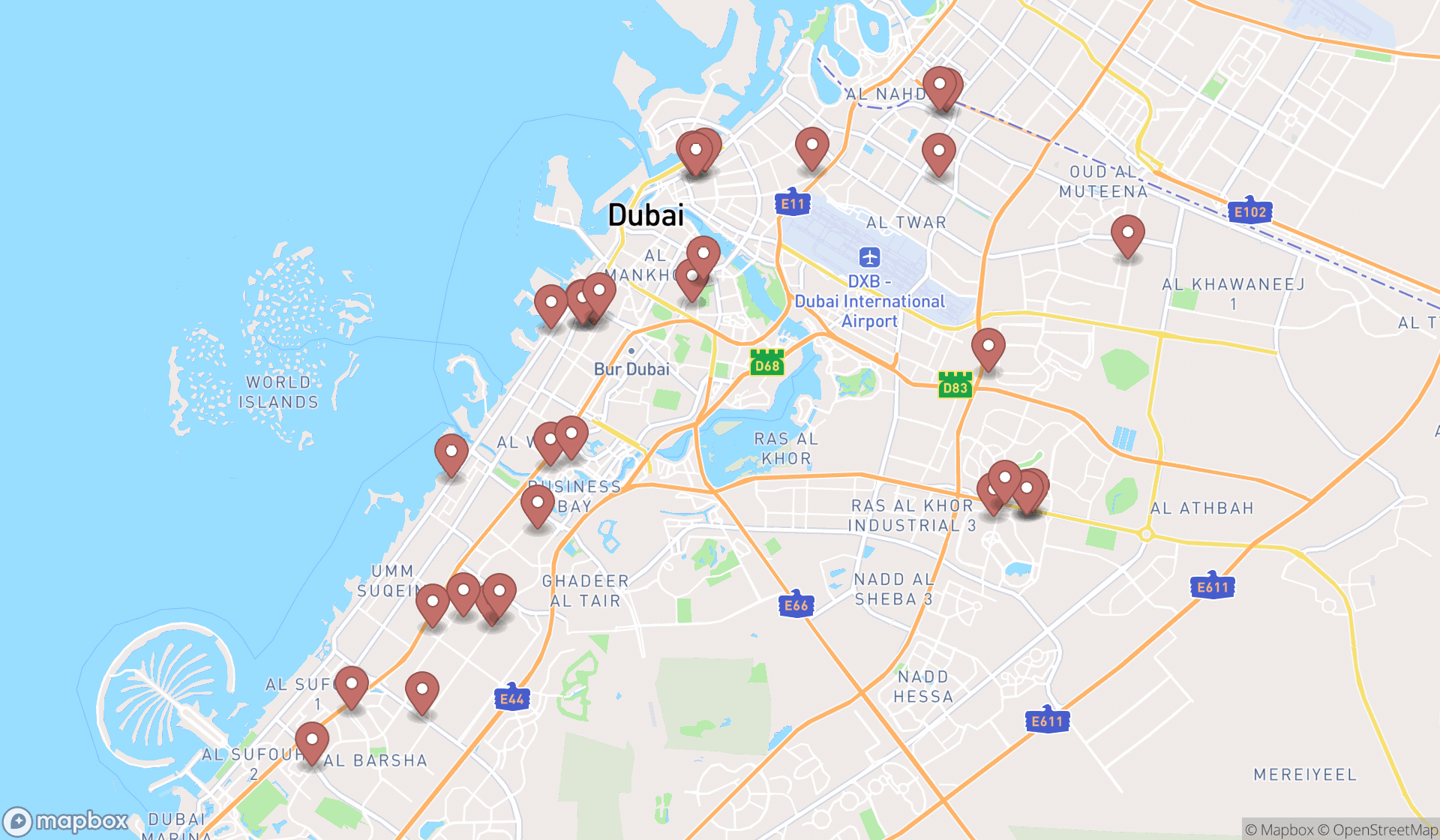 Map showing the search results in Dubai