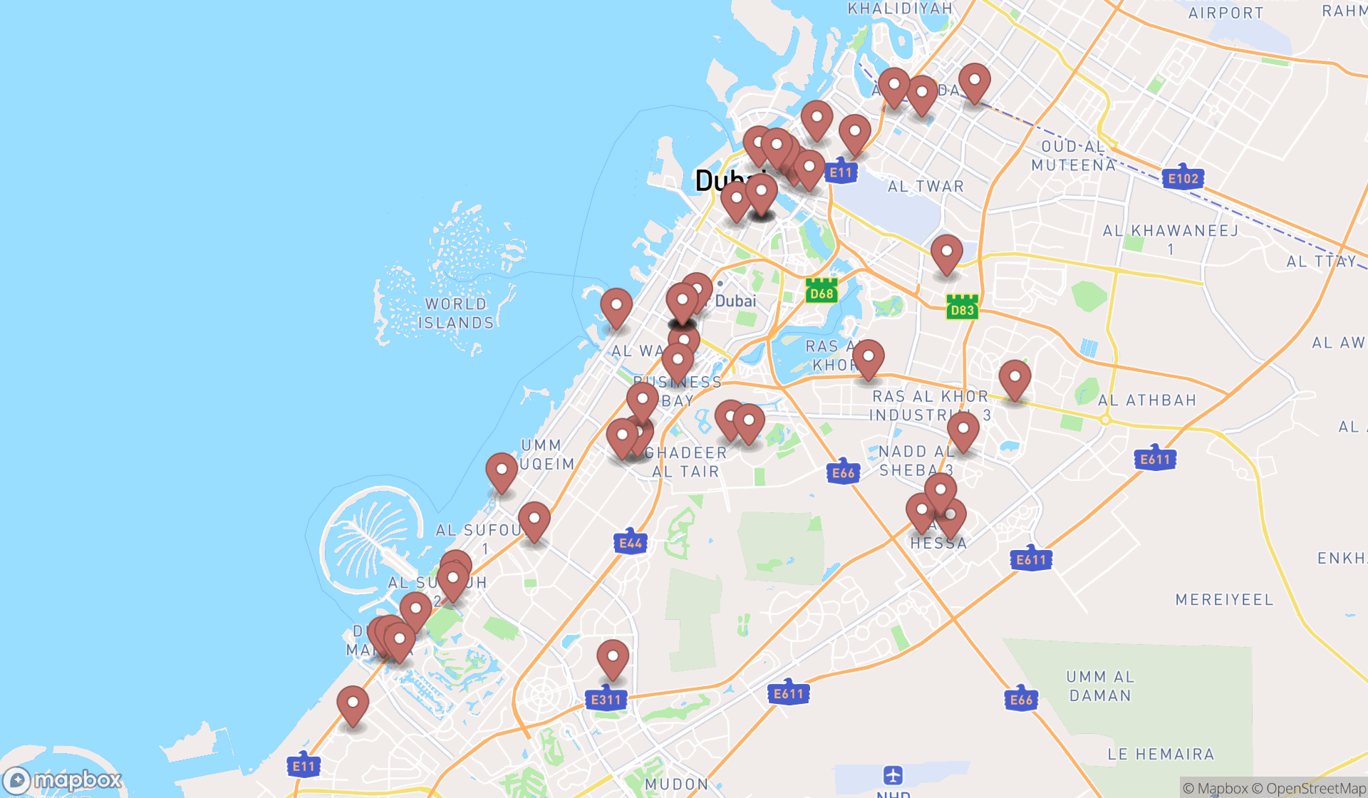 Map showing the search results in Dubai