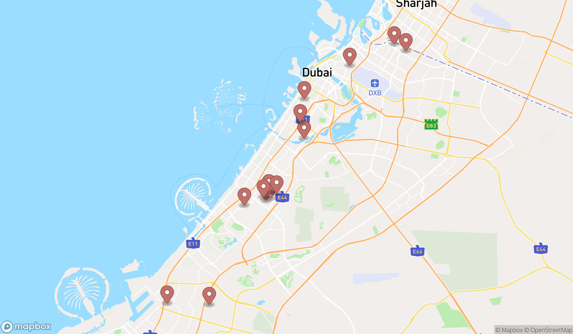 Map showing the search results in Dubai
