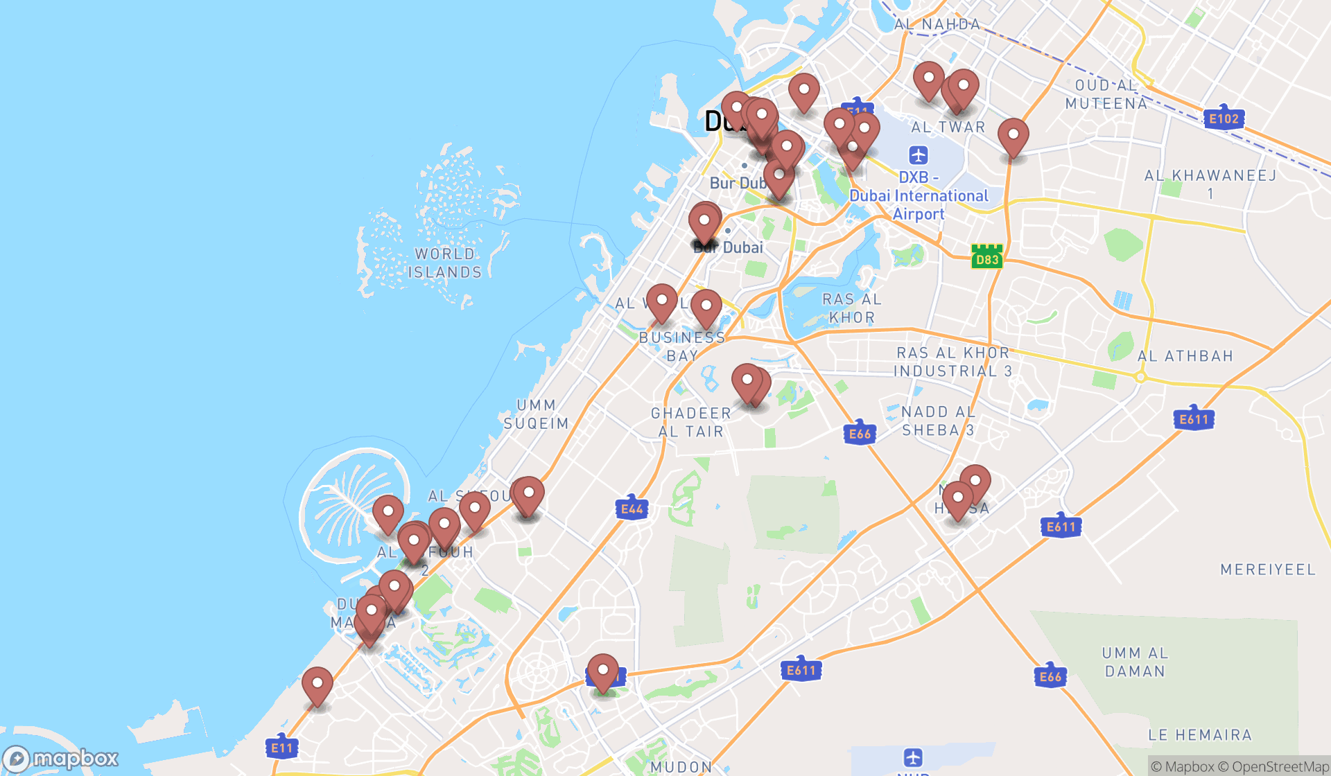 Map showing the search results in Dubai
