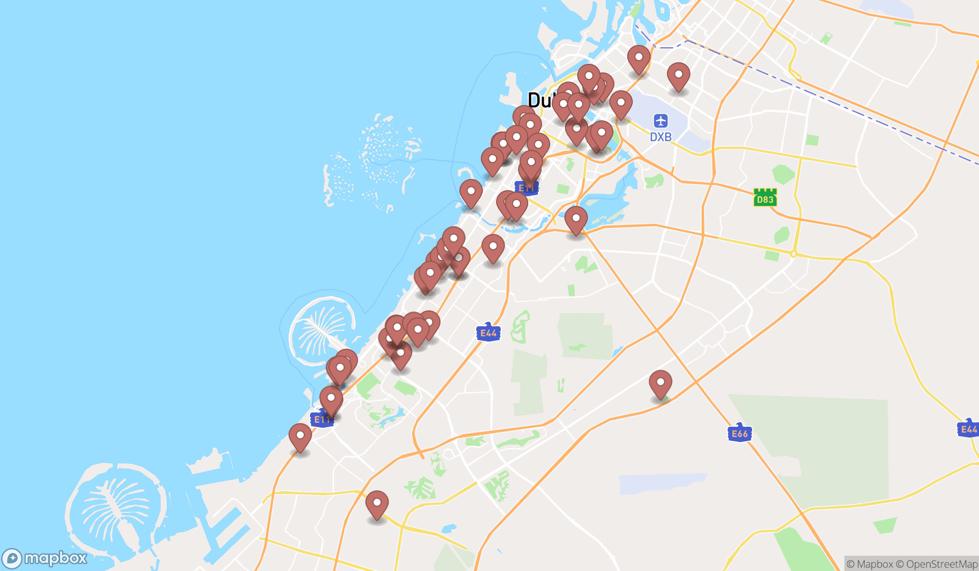 Map showing the search results in Dubai