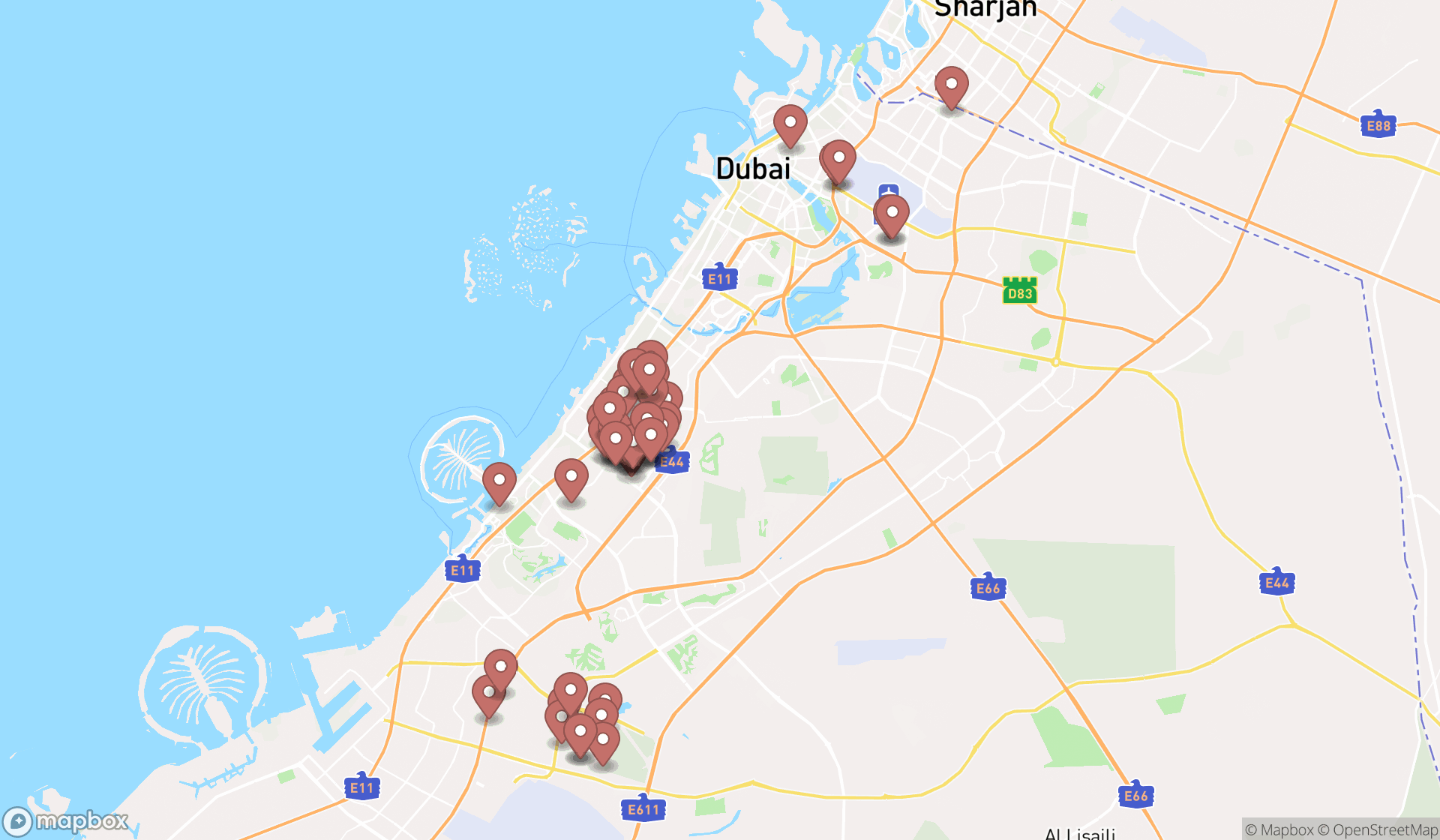 Map showing the search results in Dubai