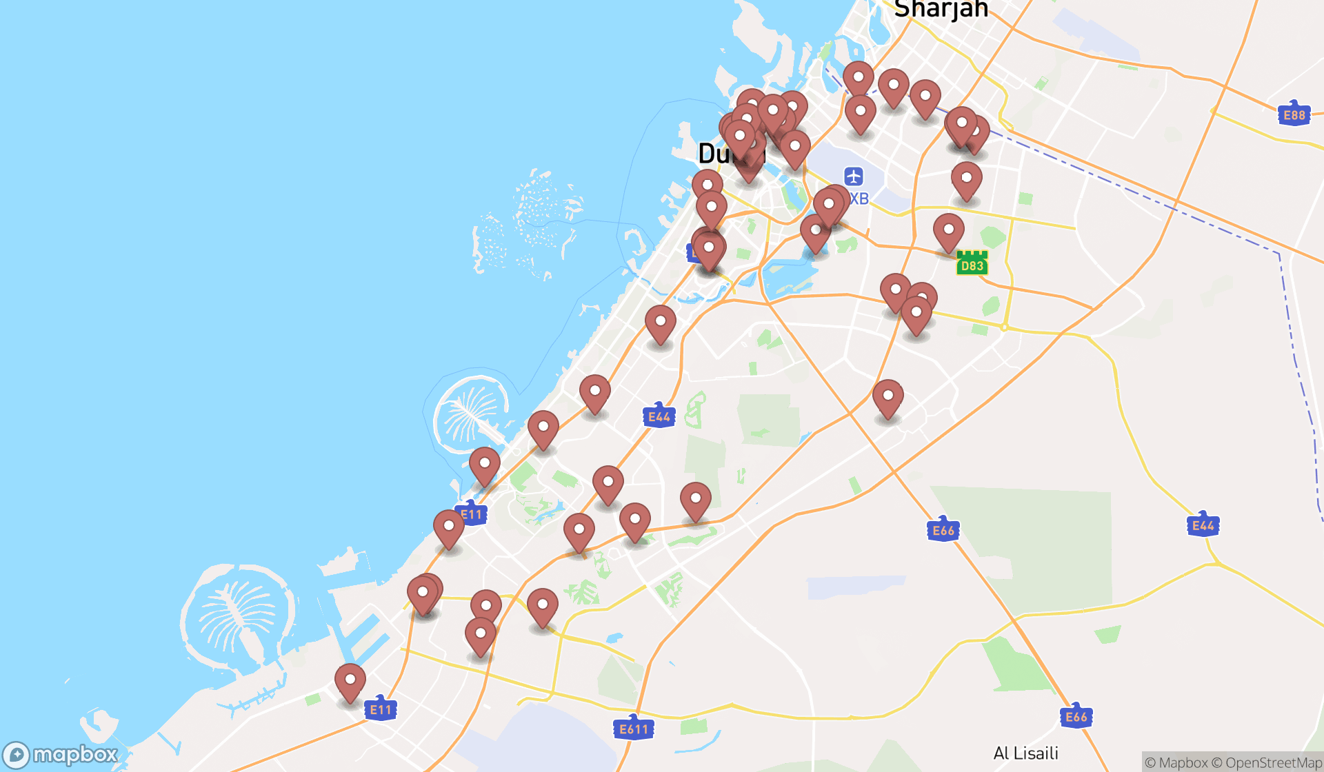 Map showing the search results in Dubai