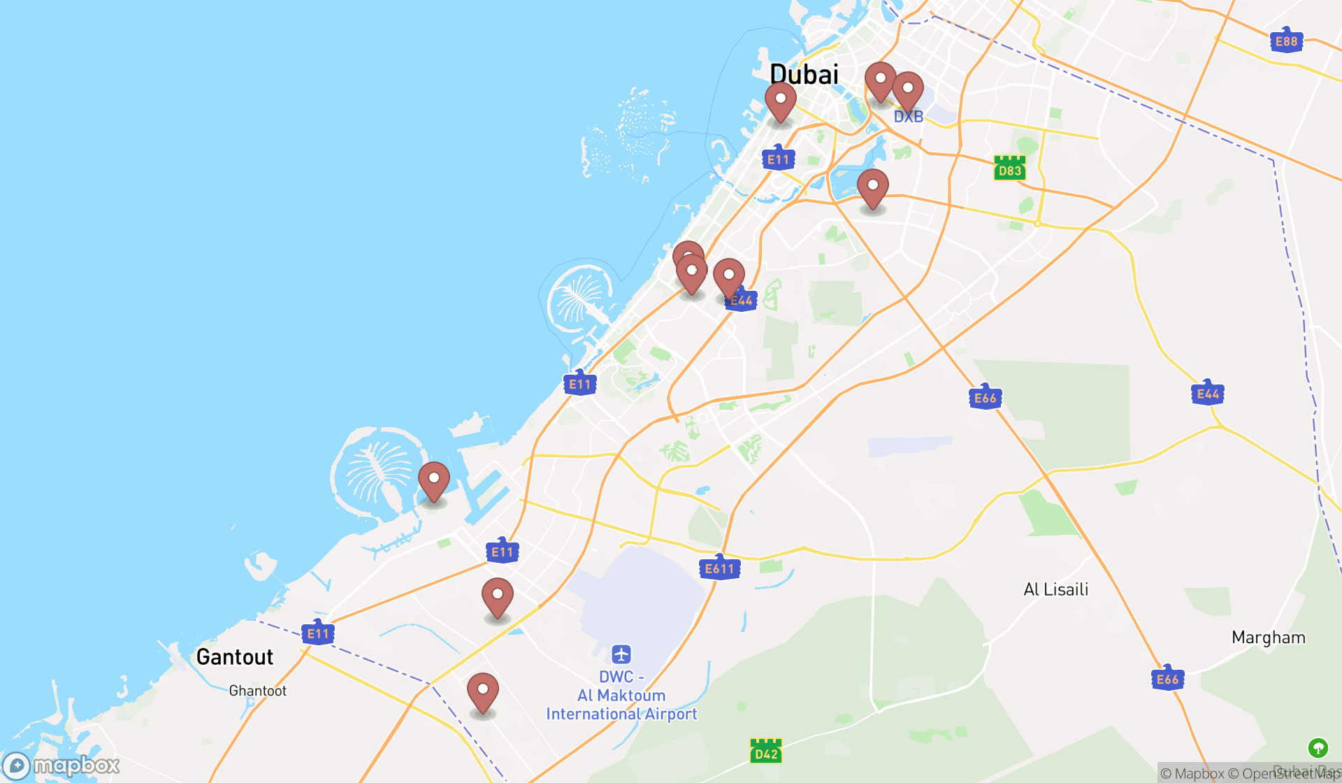 Map showing the search results in Dubai