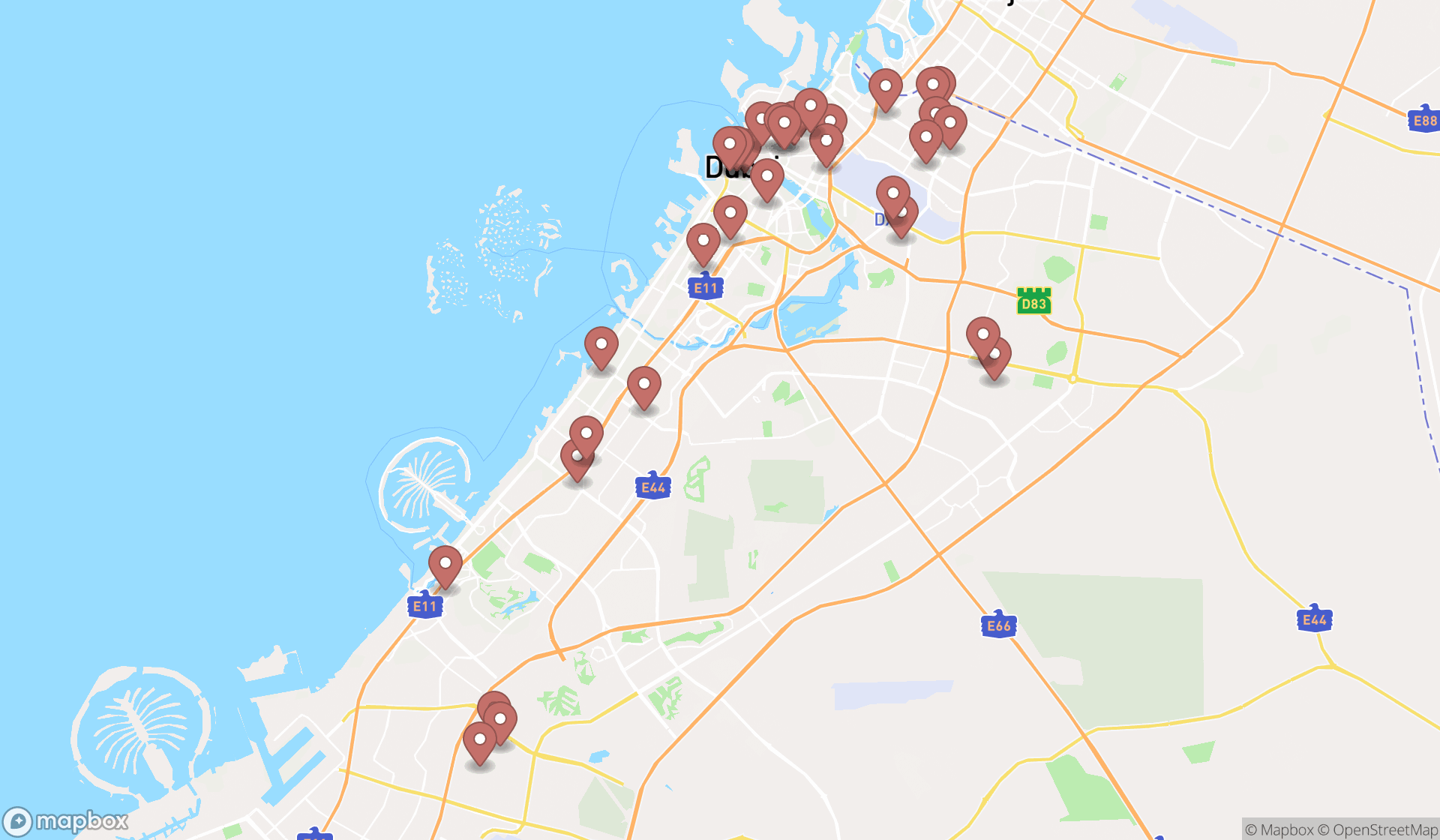 Map showing the search results in Dubai