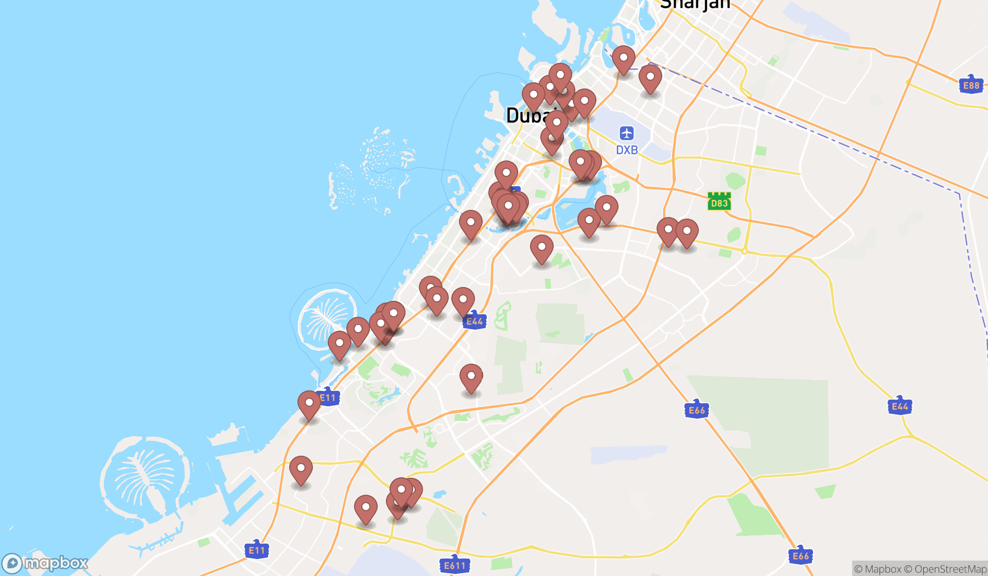Map showing the search results in Dubai