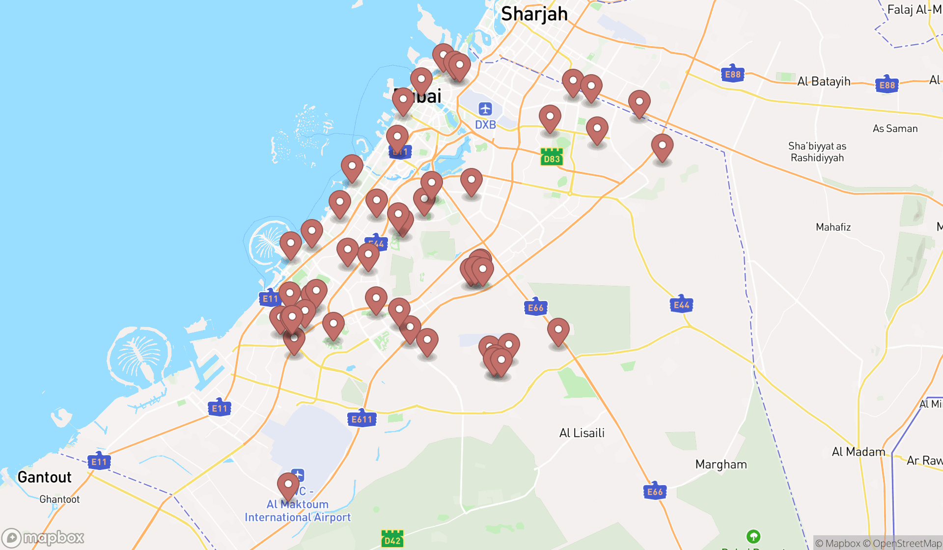 Map showing the search results in Dubai