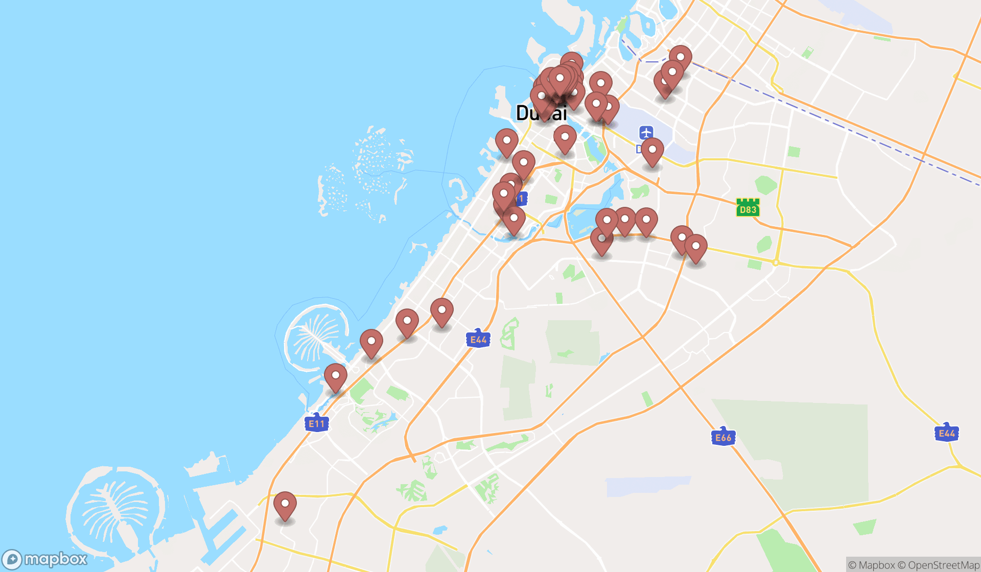 Map showing the search results in Dubai