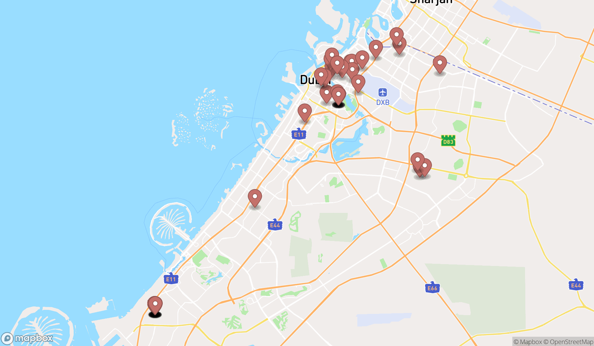 Map showing the search results in Dubai