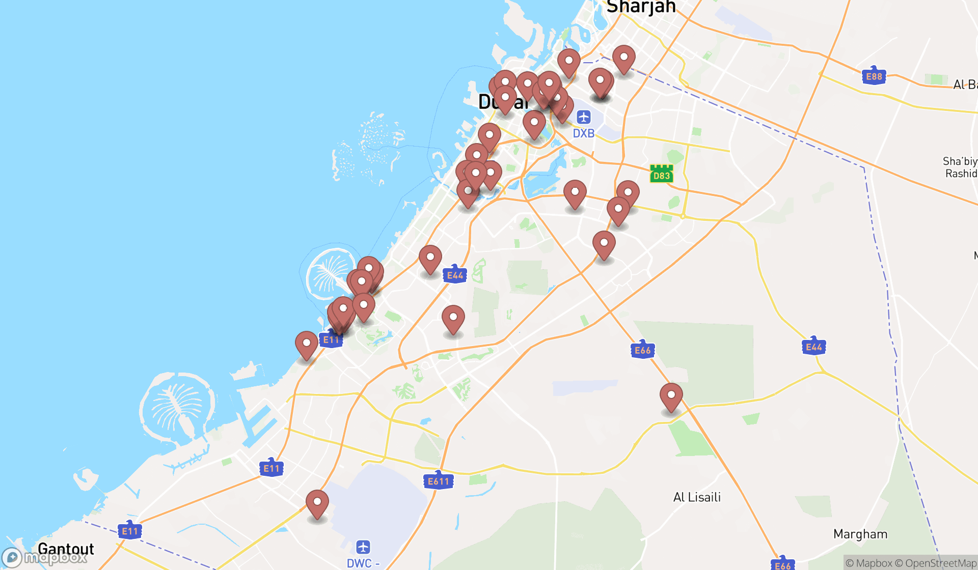 Map showing the search results in Dubai