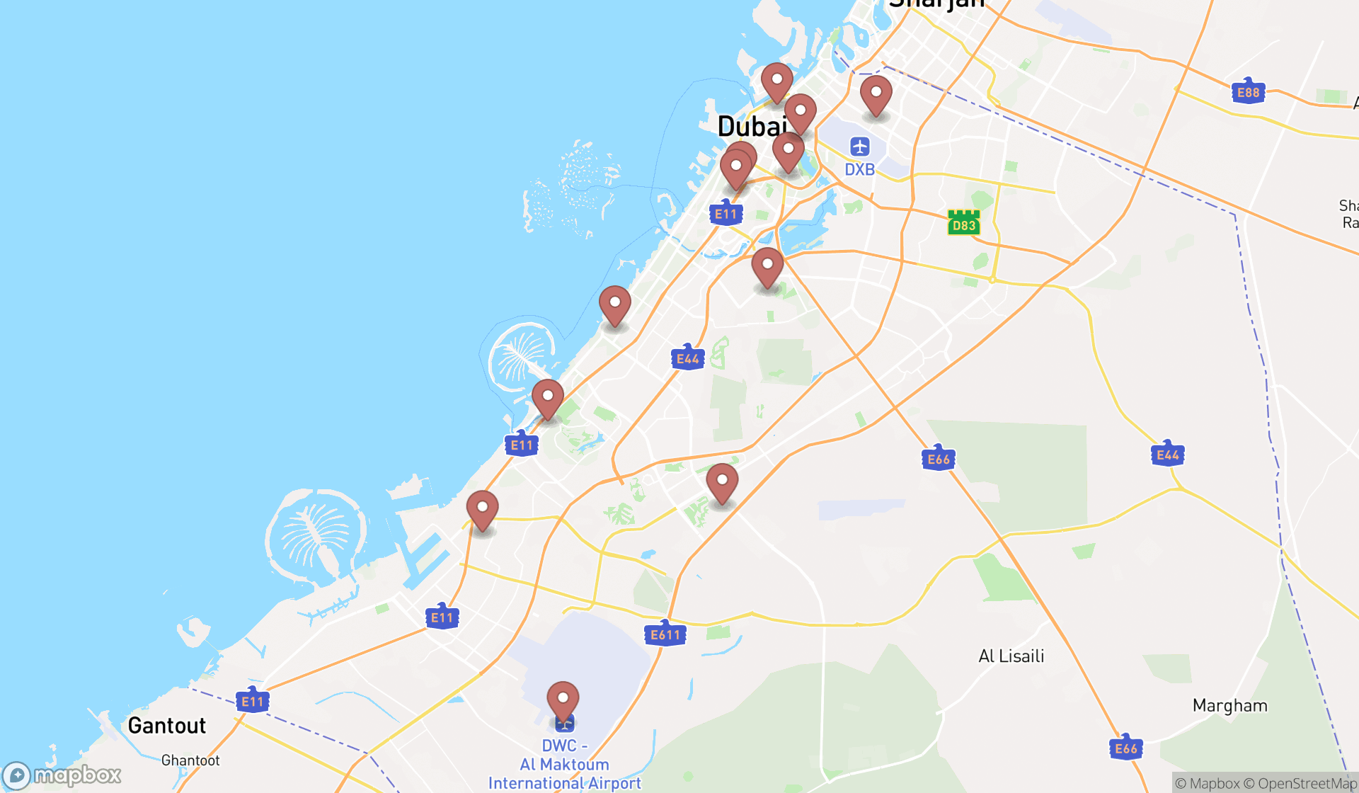 Map showing the search results in Dubai
