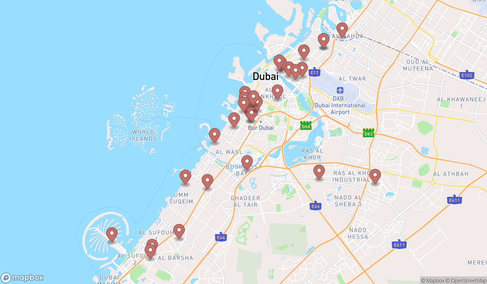 Map showing the search results in Dubai
