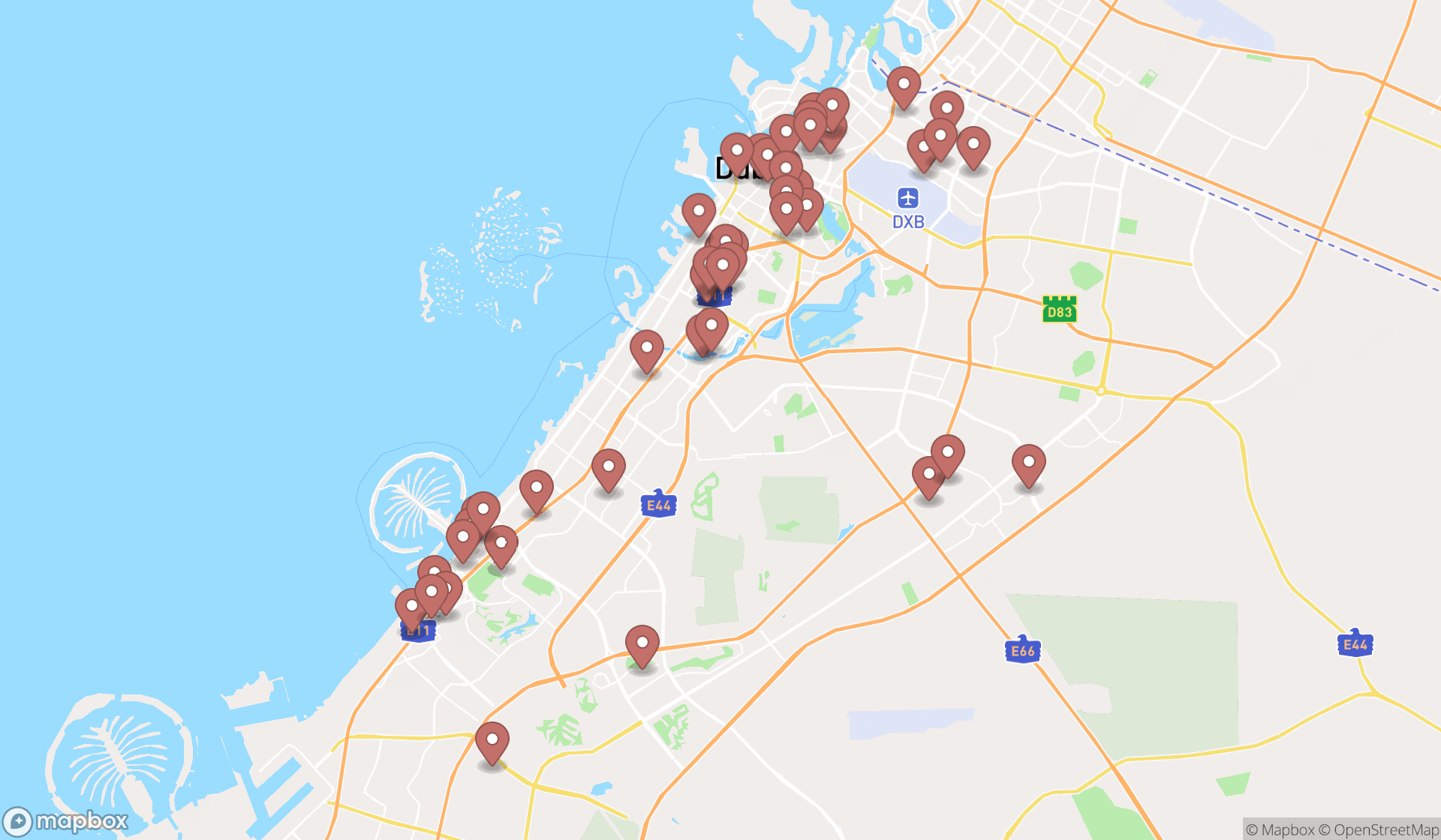 Map showing the search results in Dubai