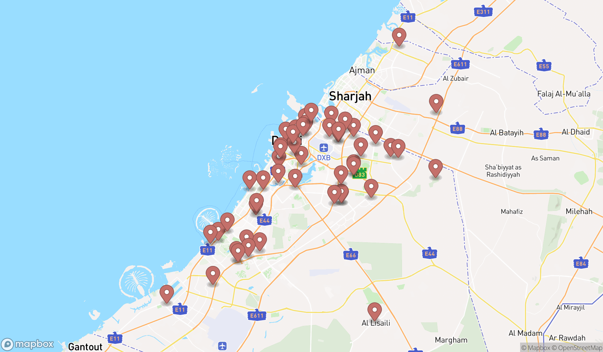 Map showing the search results in Dubai