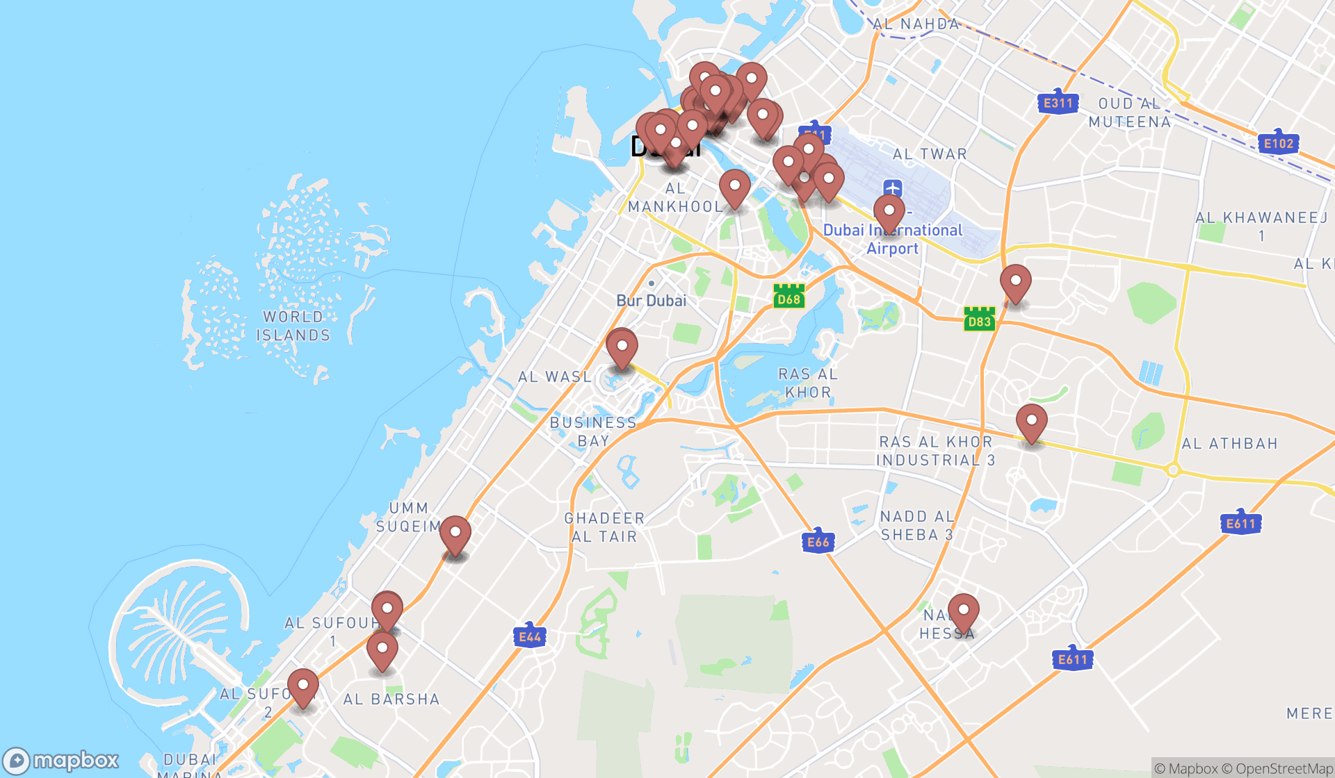 Map showing the search results in Dubai
