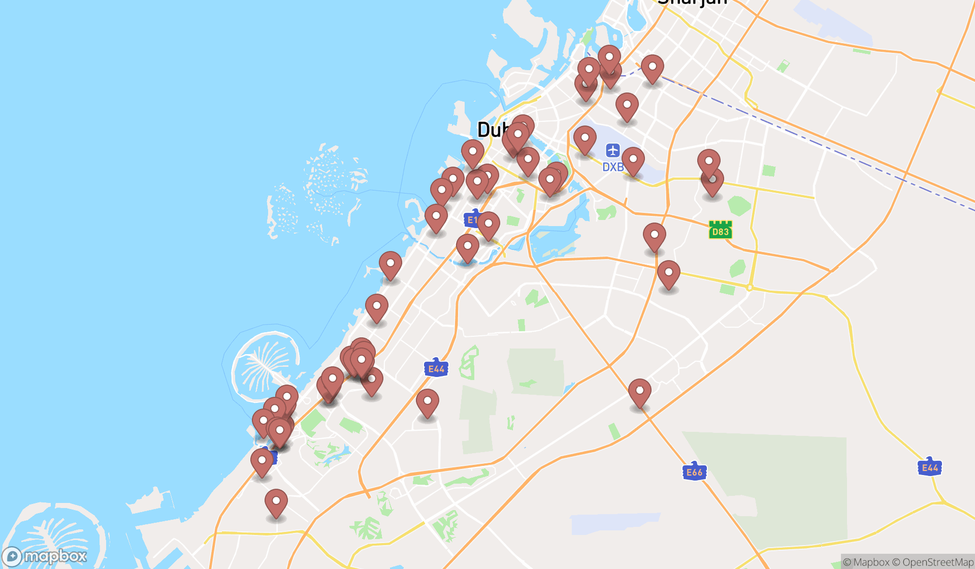 Map showing the search results in Dubai