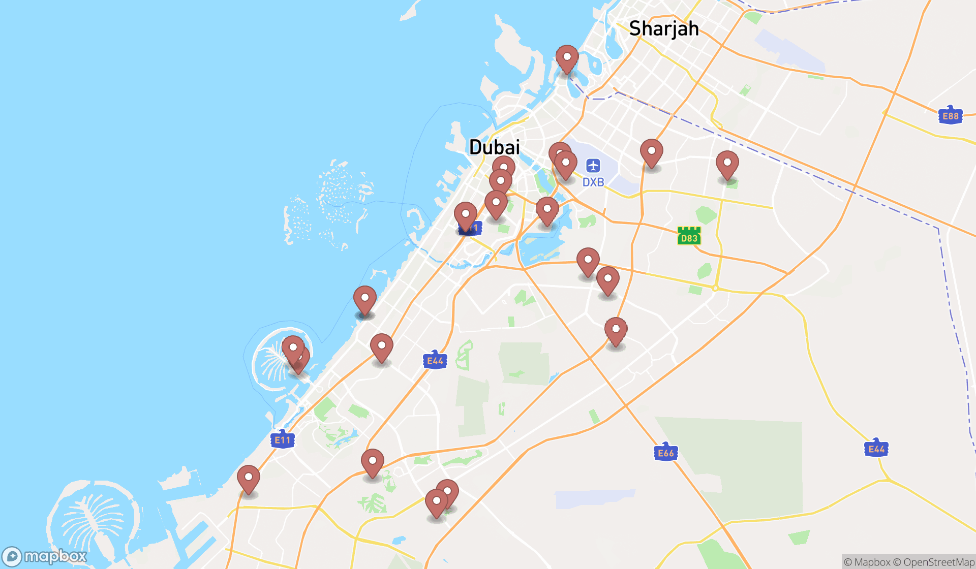 Map showing the search results in Dubai