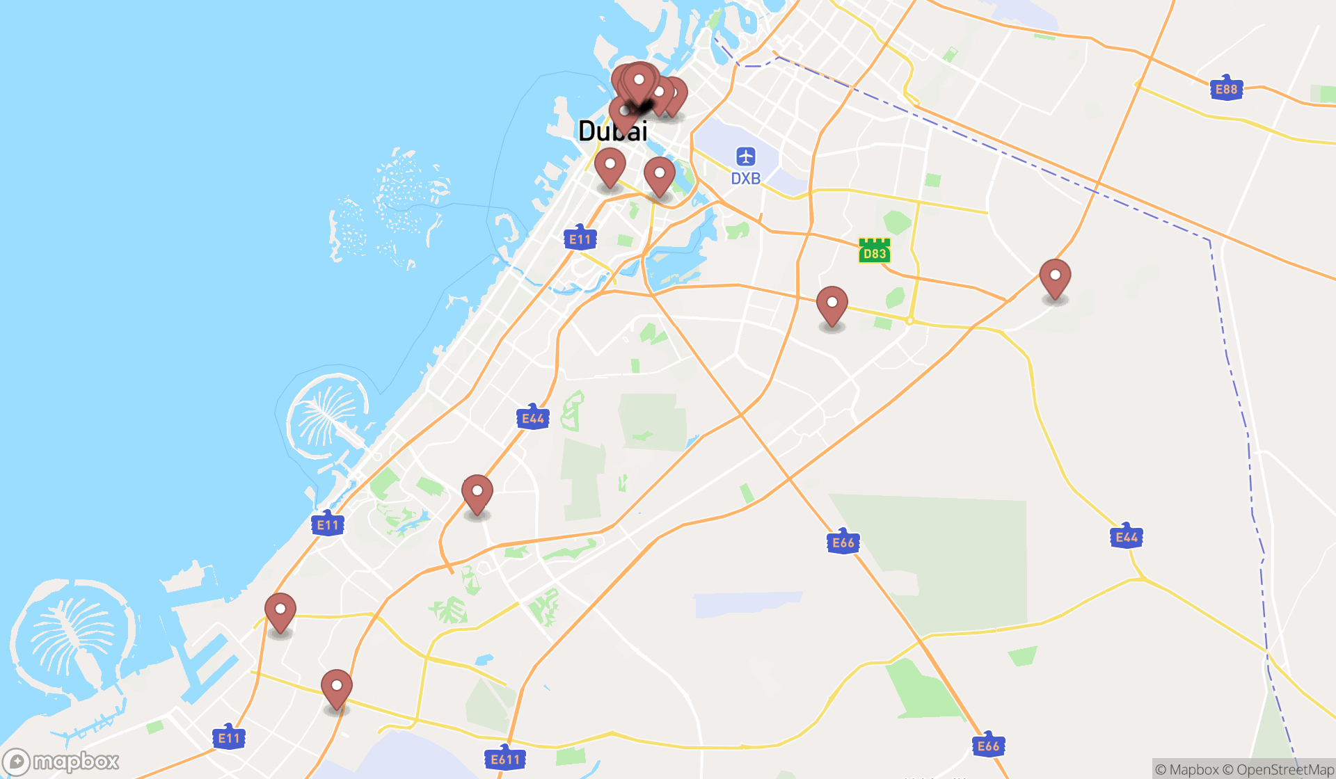Map showing the search results in Dubai