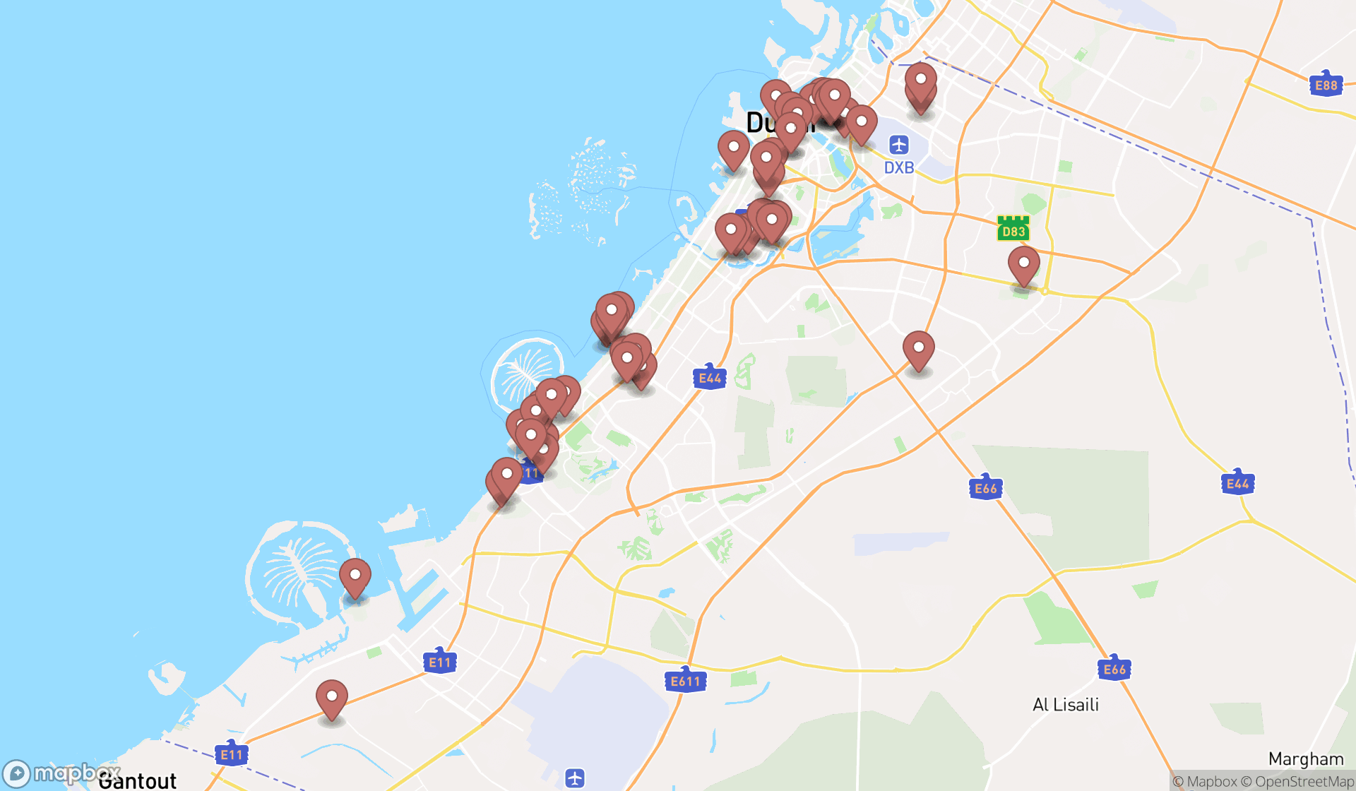 Map showing the search results in Dubai