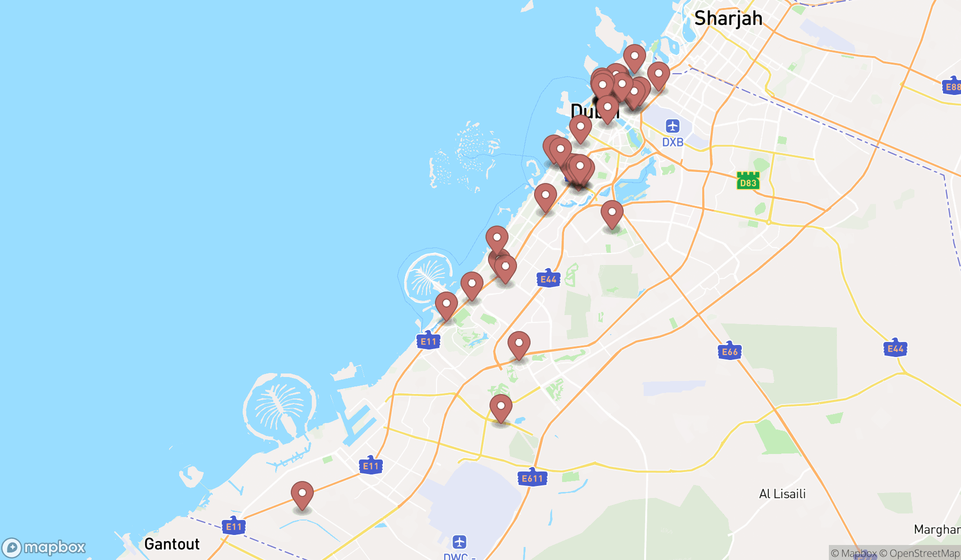 Map showing the search results in Dubai