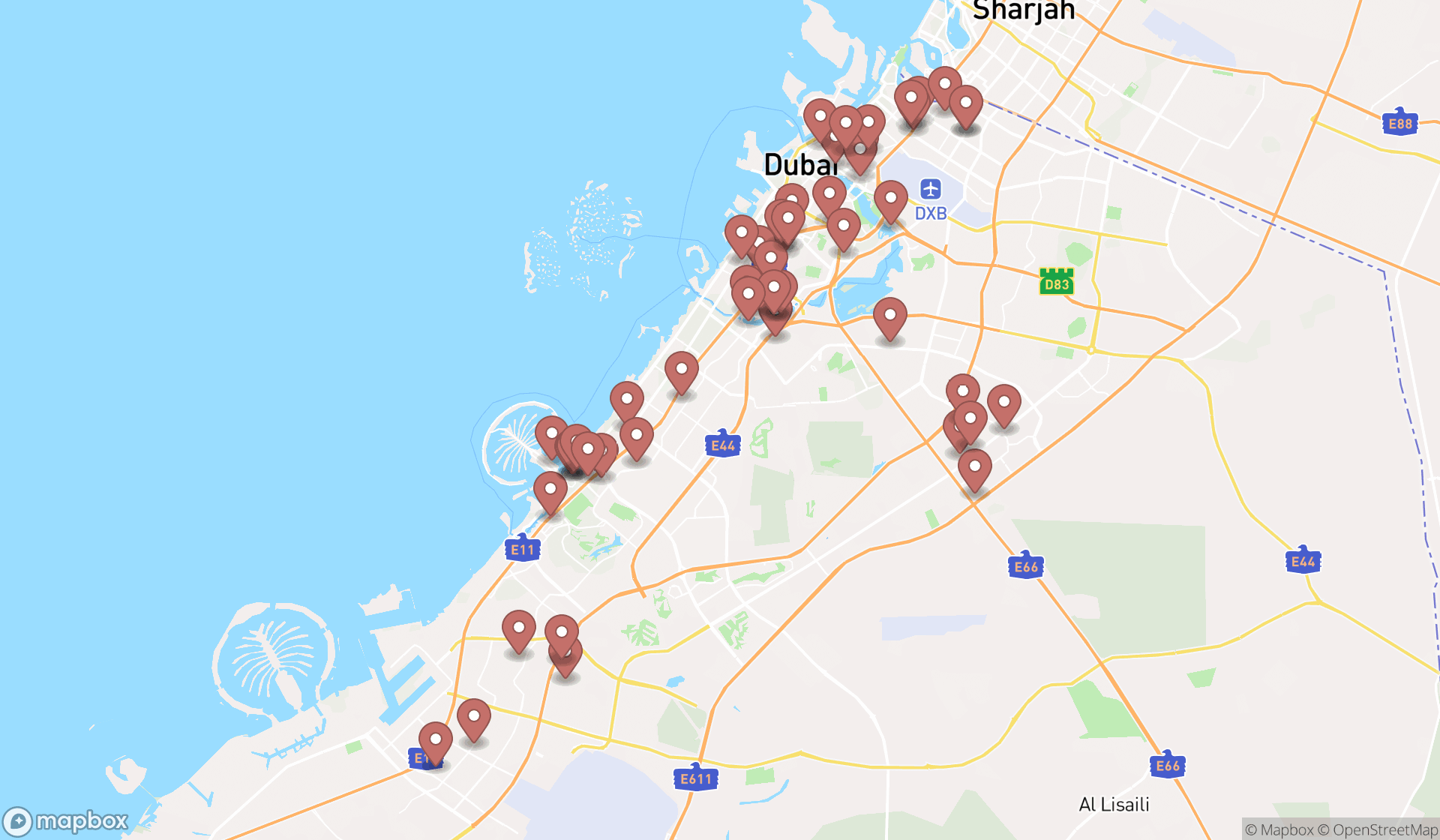 Map showing the search results in Dubai