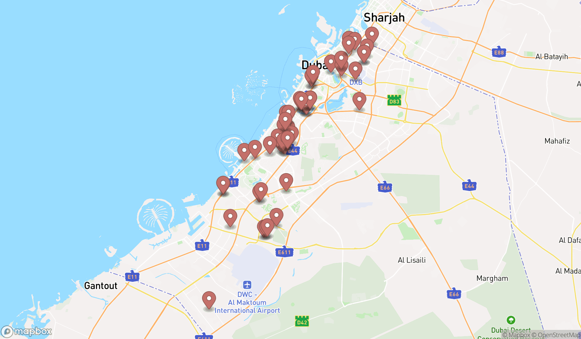 Map showing the search results in Dubai