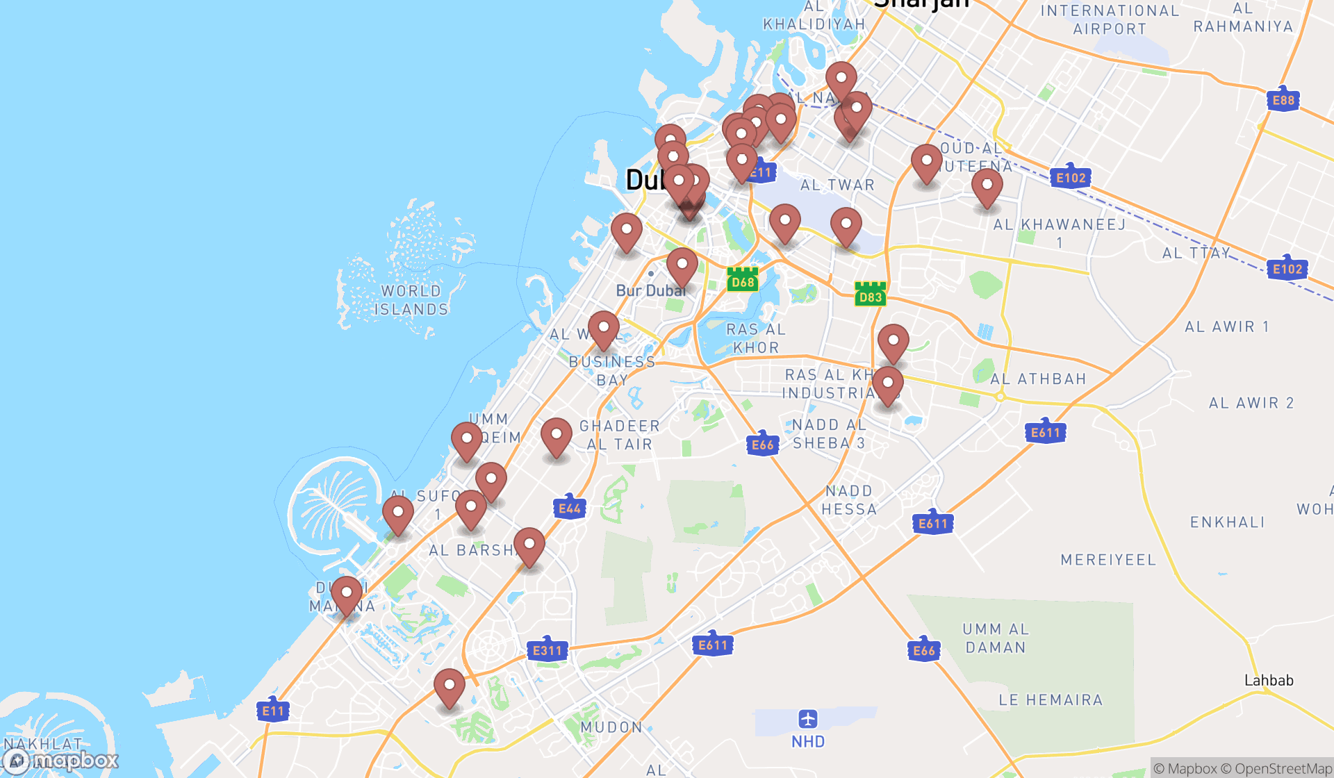 Map showing the search results in Dubai