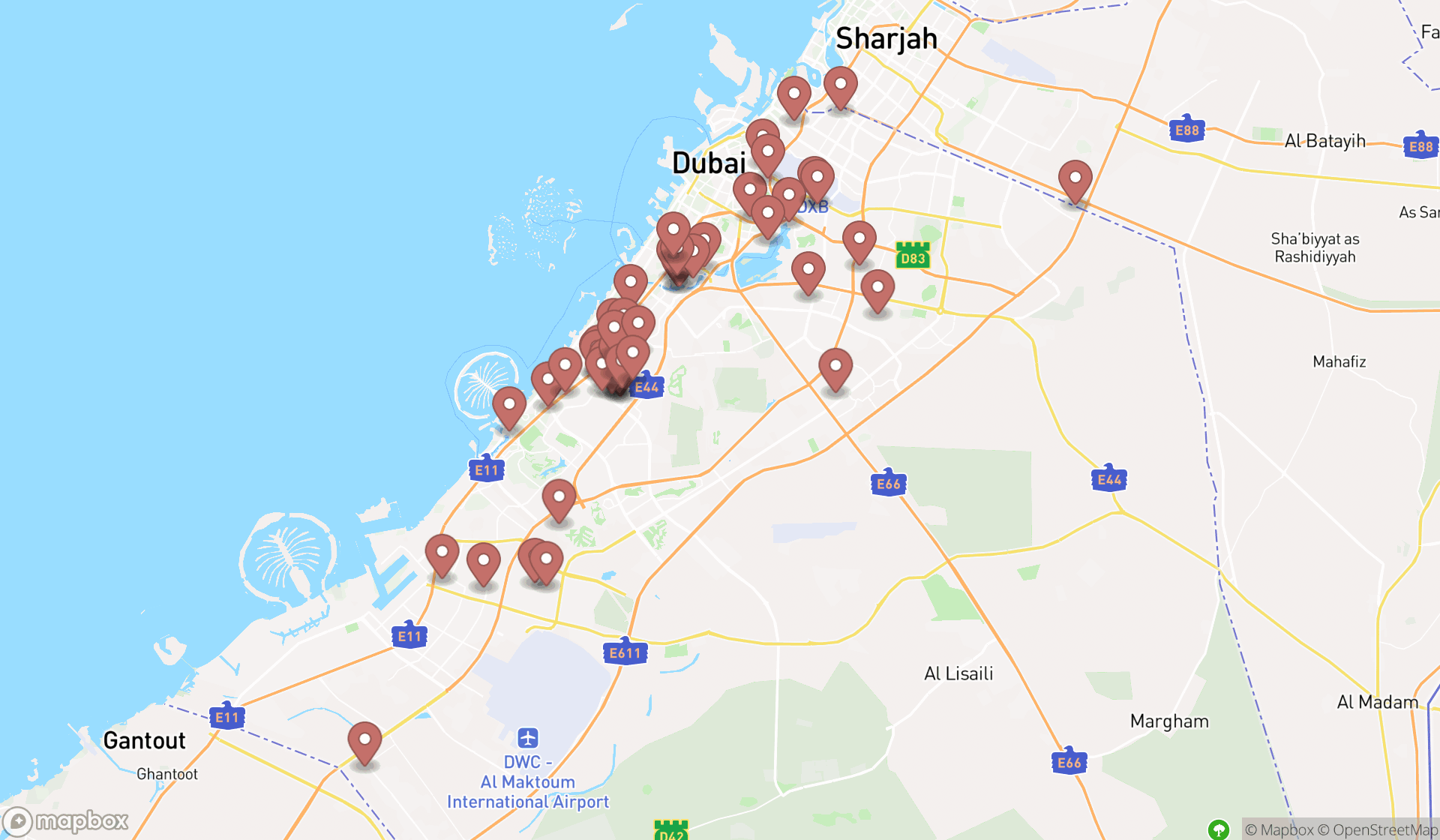 Map showing the search results in Dubai
