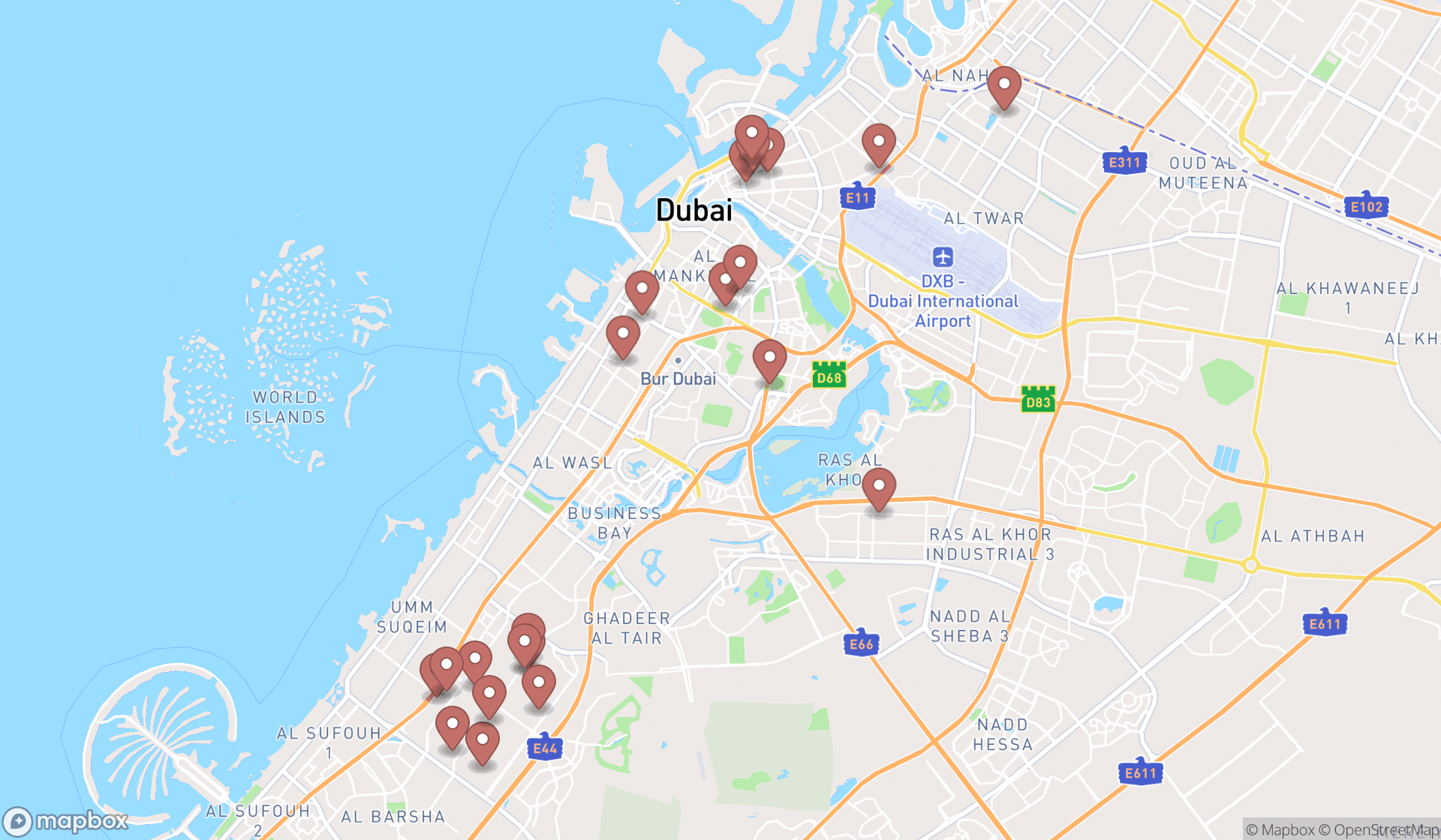 Map showing the search results in Dubai