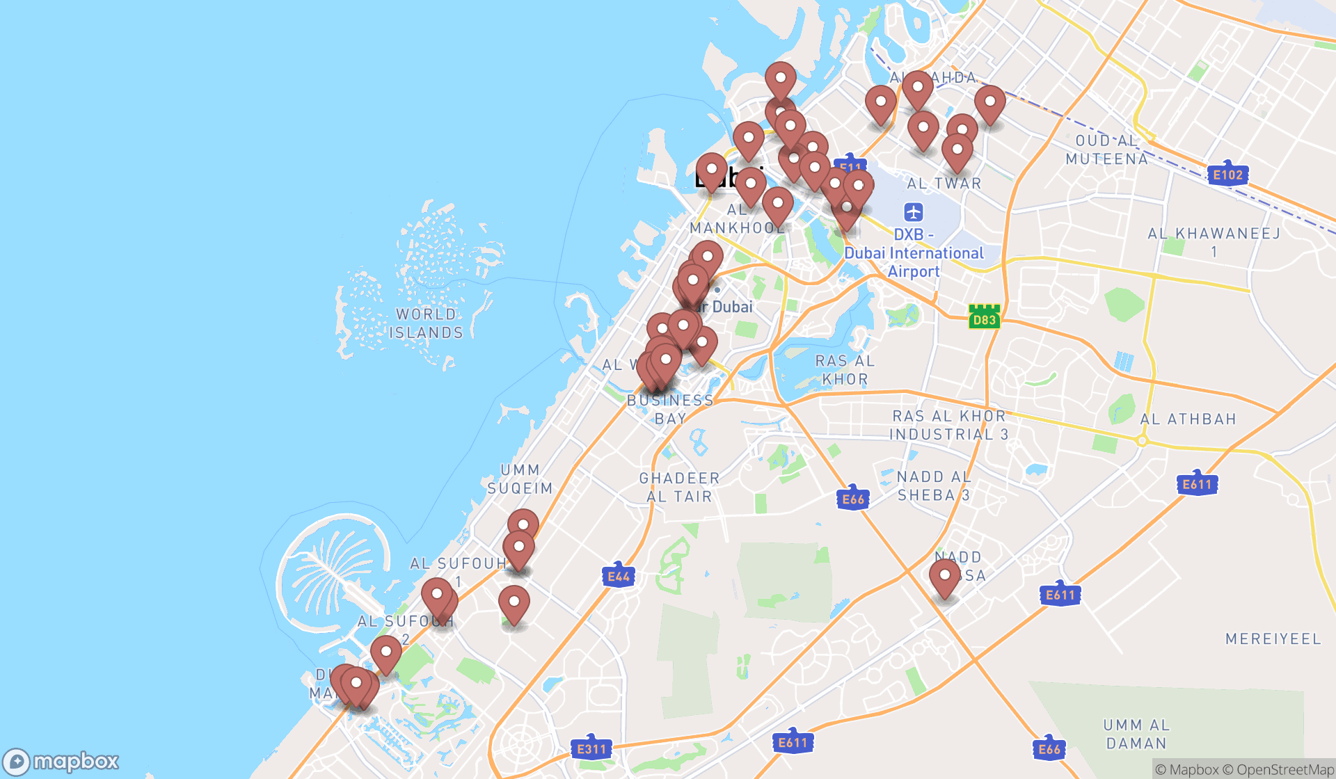 Map showing the search results in Dubai
