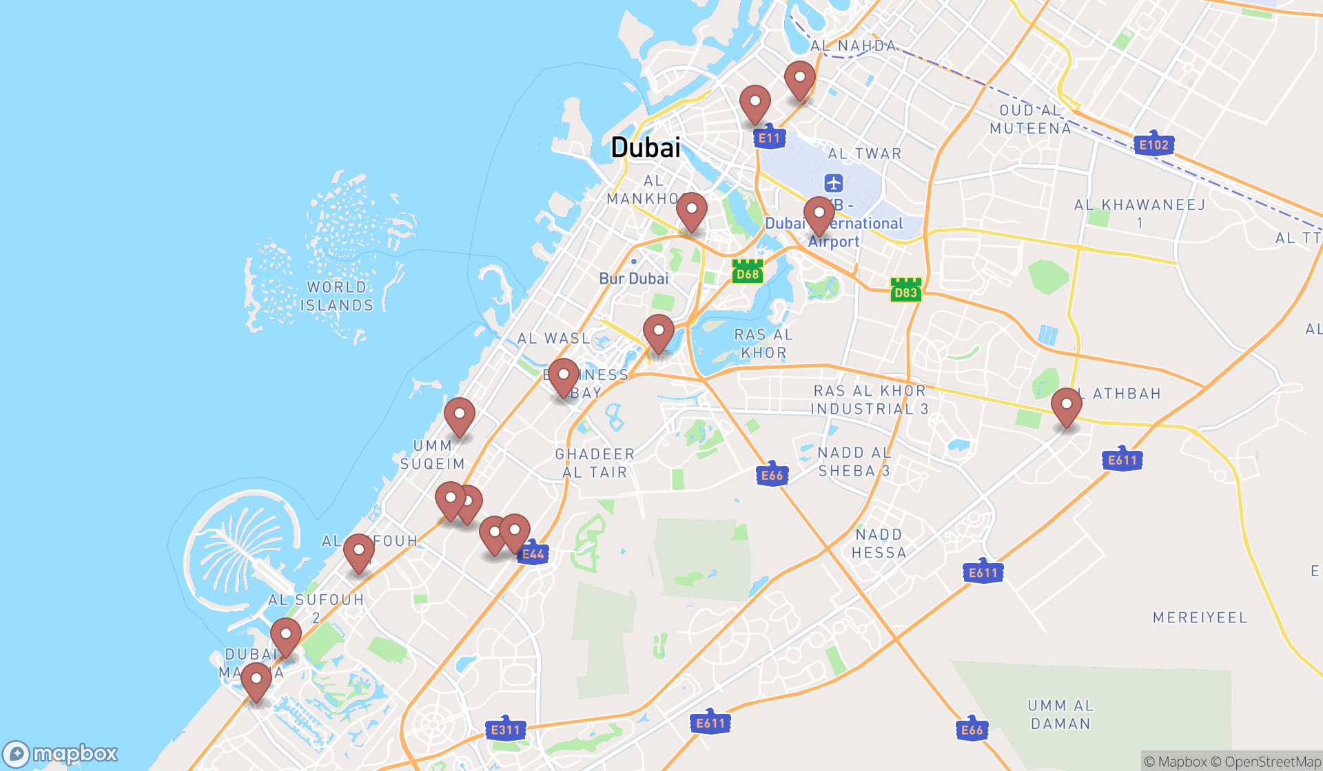 Map showing the search results in Dubai