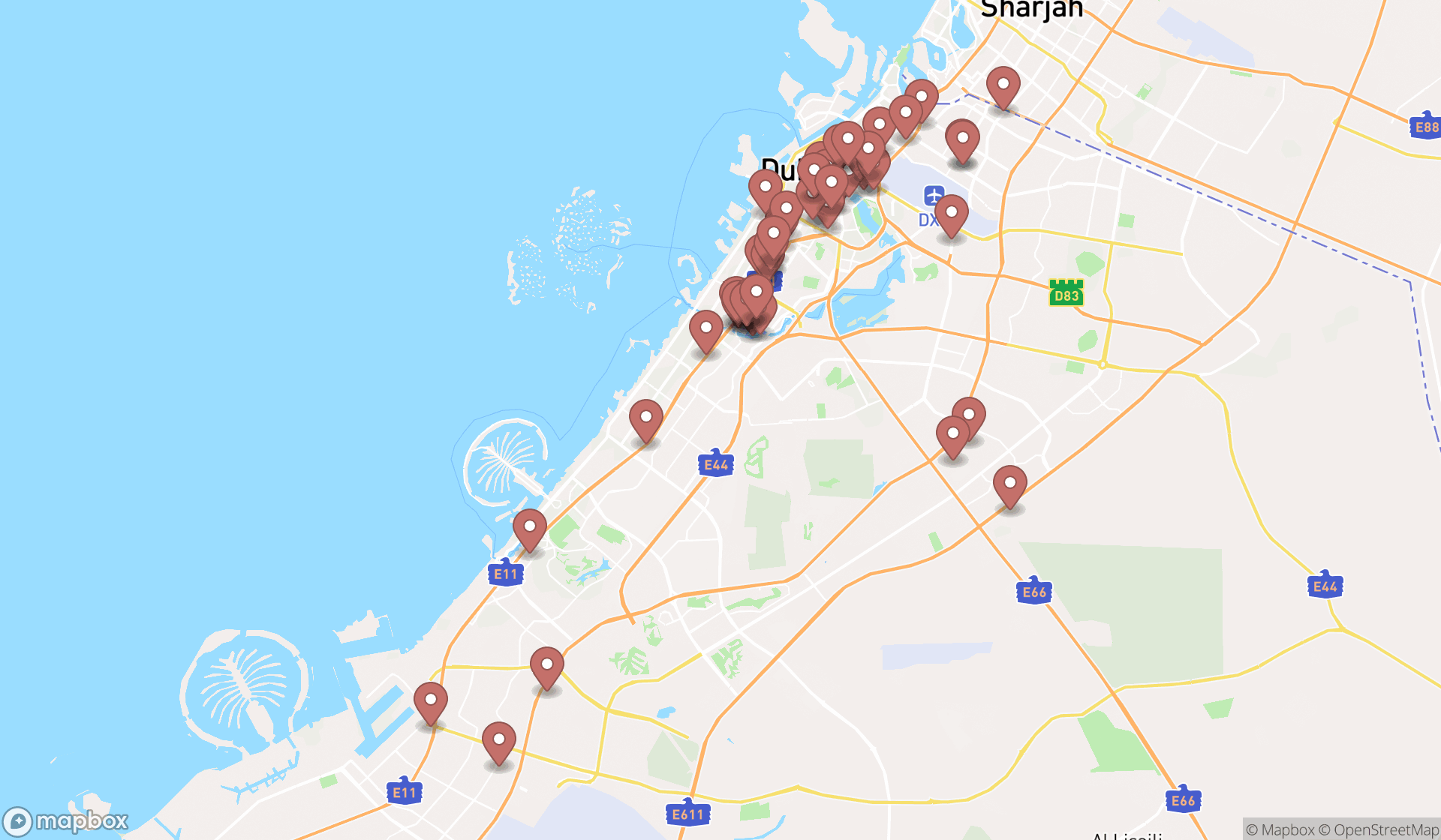 Map showing the search results in Dubai
