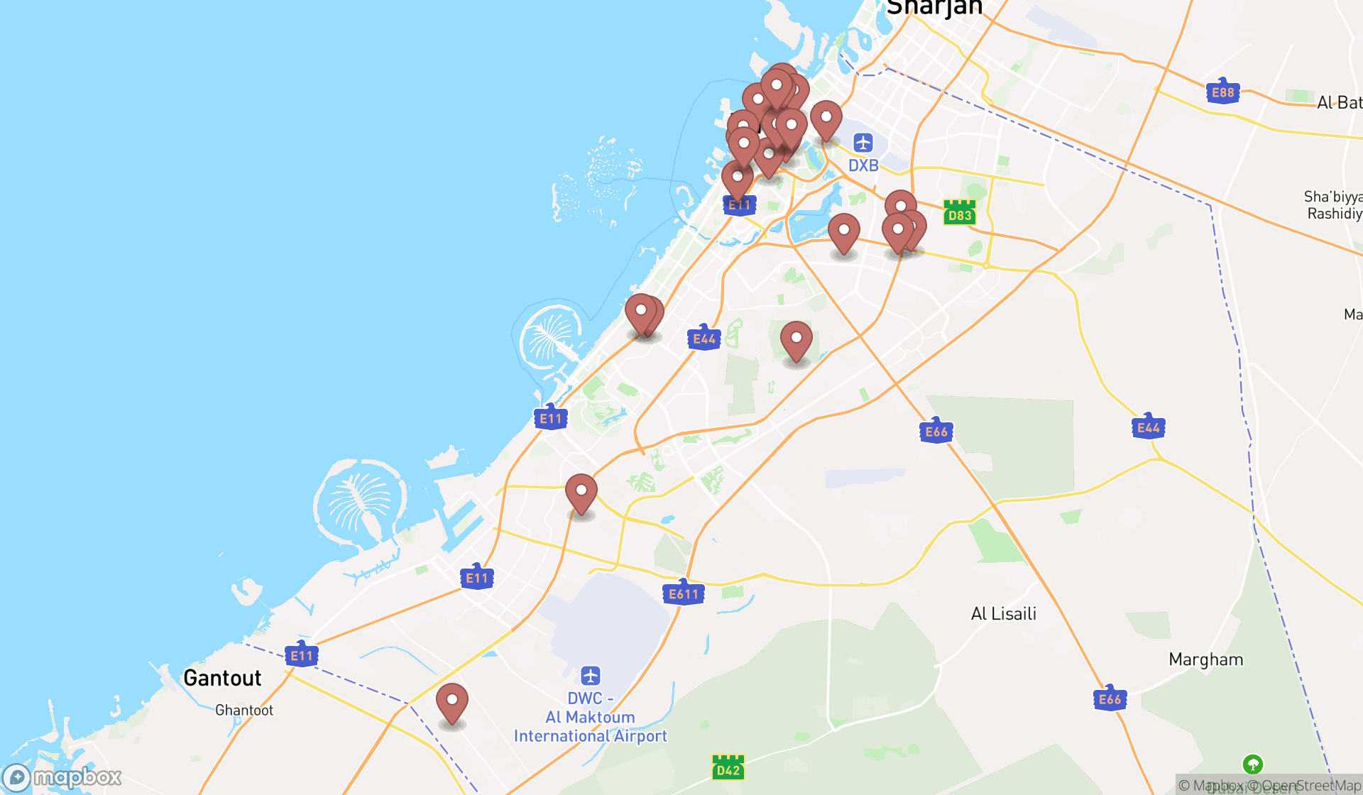 Map showing the search results in Dubai