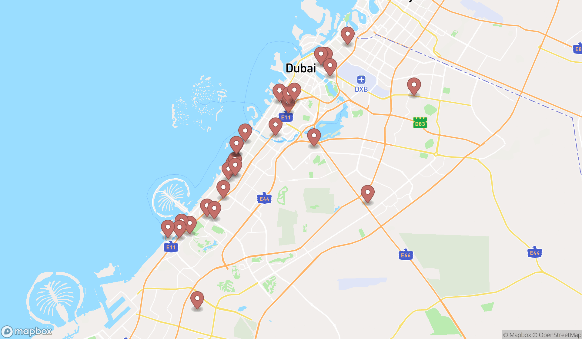 Map showing the search results in Dubai