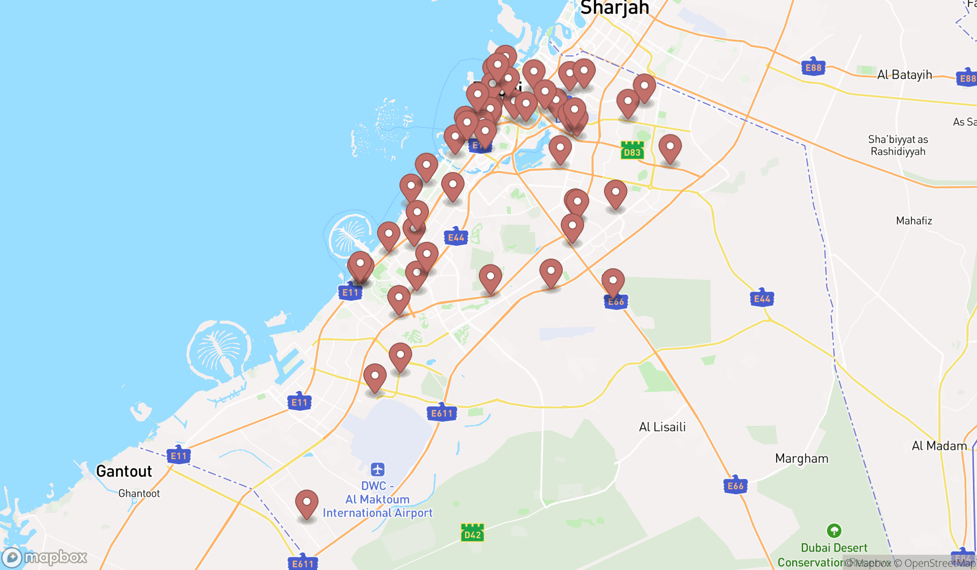 Map showing the search results in Dubai