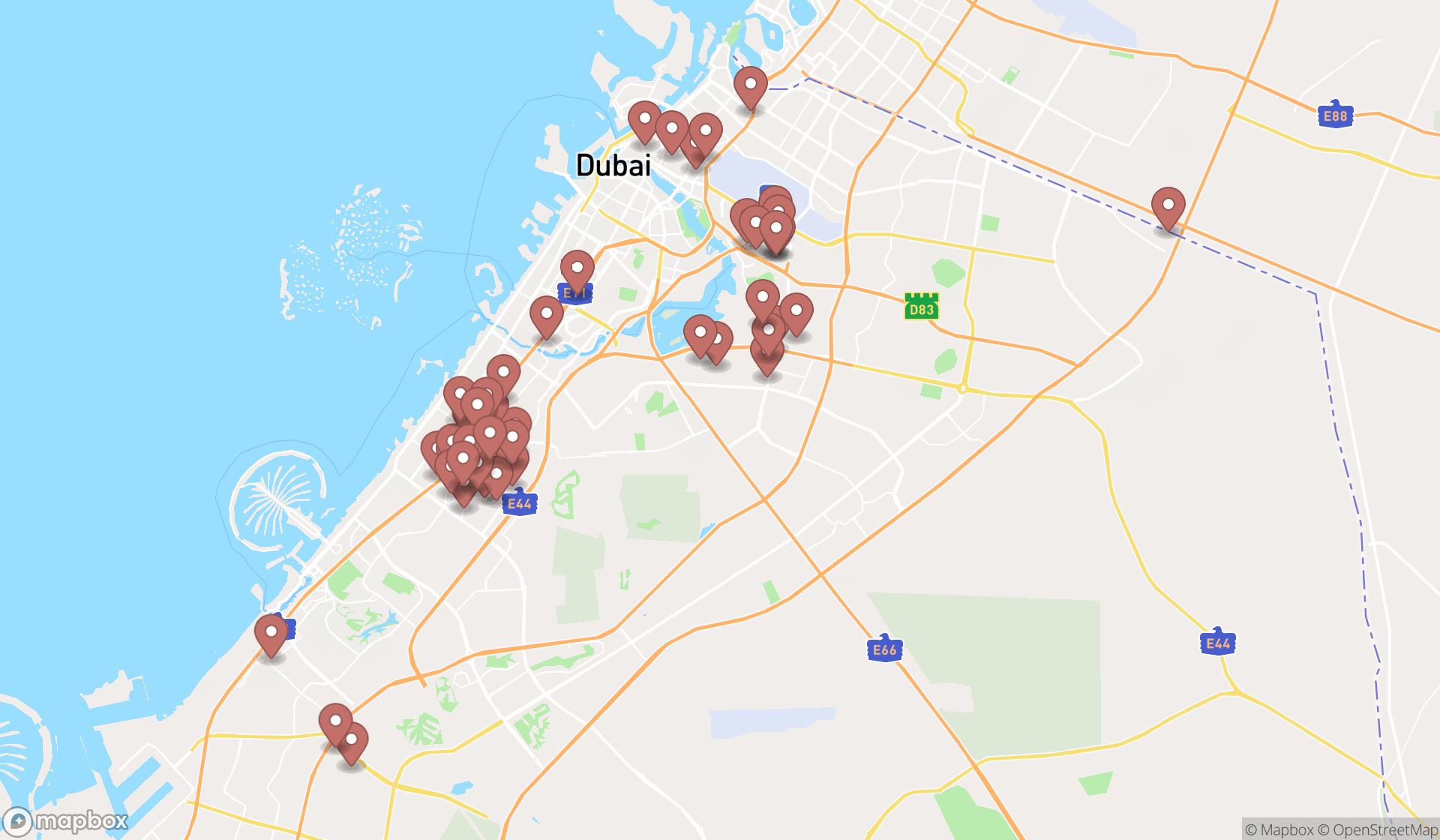 Map showing the search results in Dubai