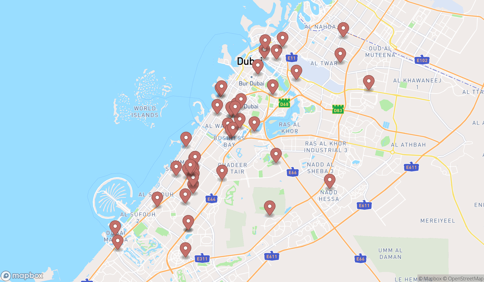Map showing the search results in Dubai