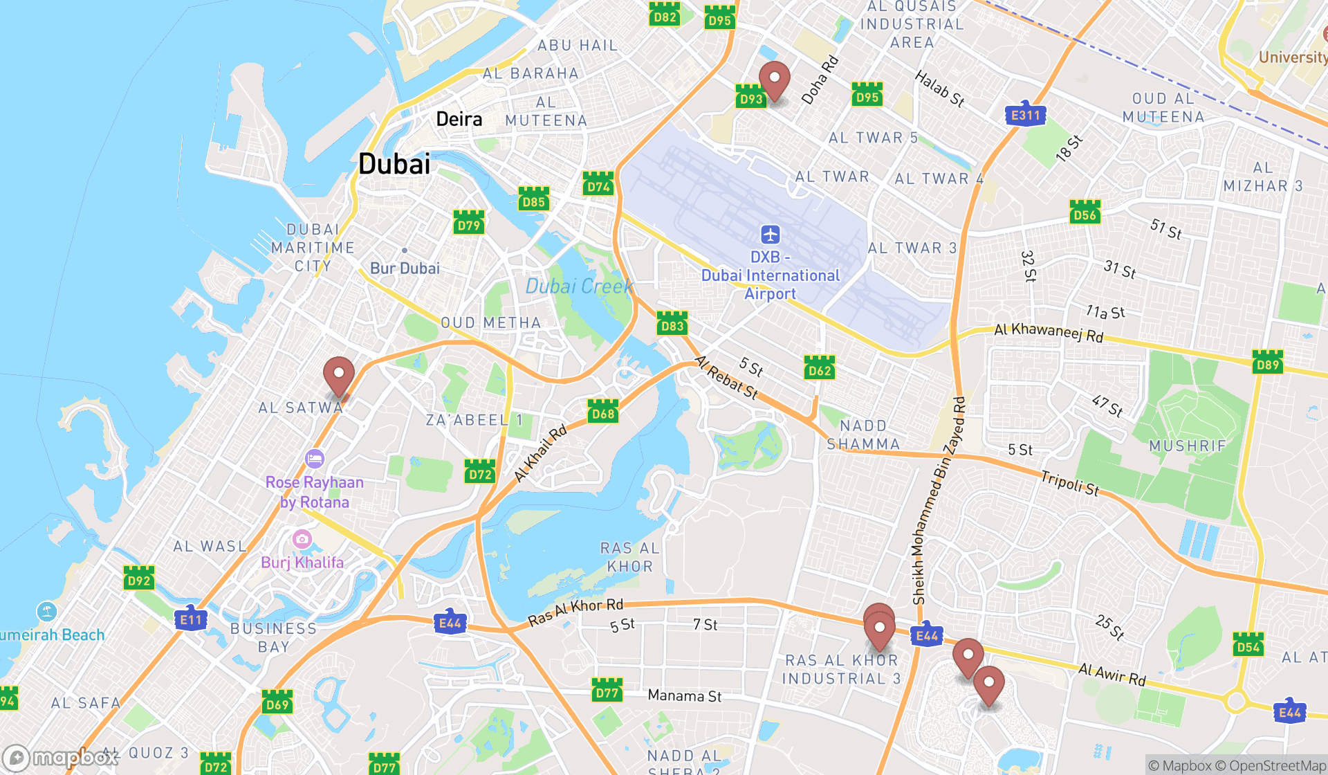 Map showing the search results in Dubai
