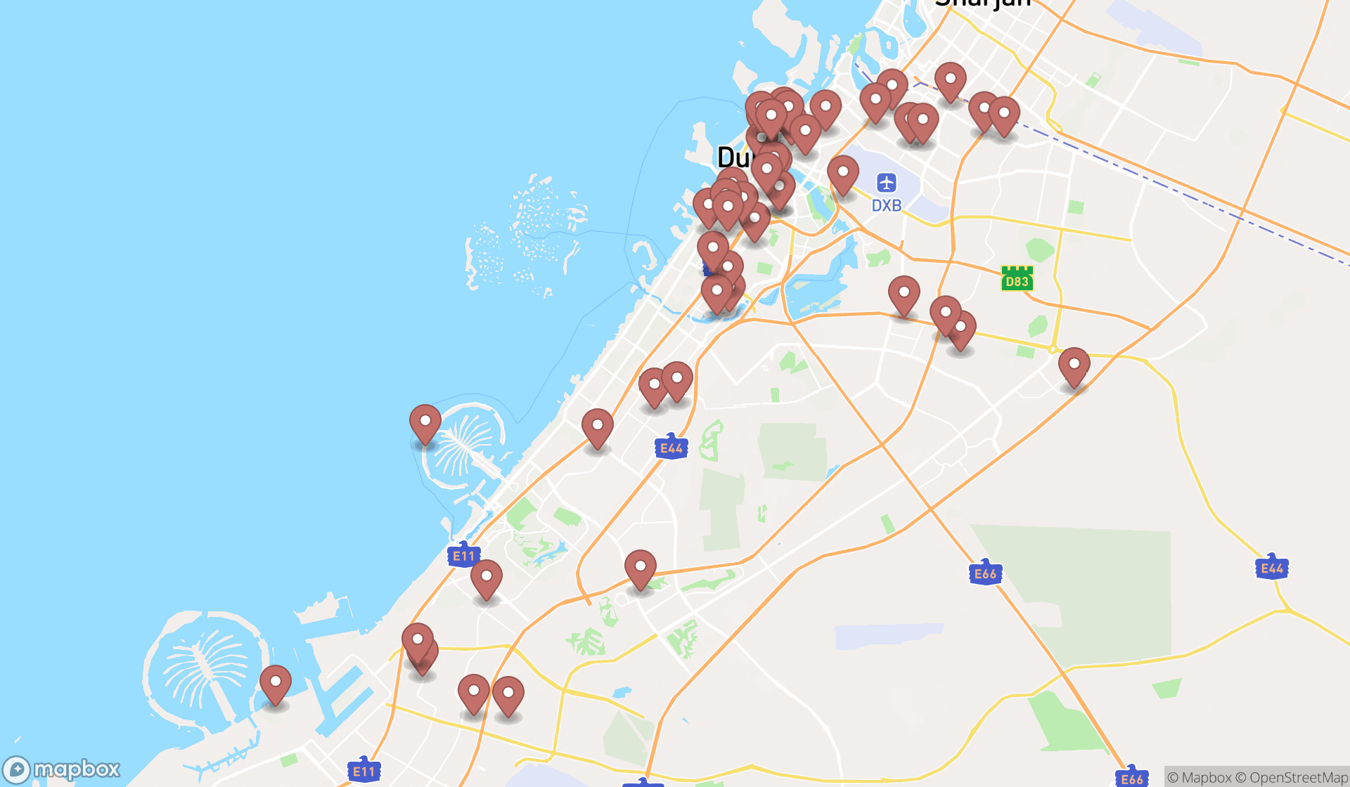 Map showing the search results in Dubai