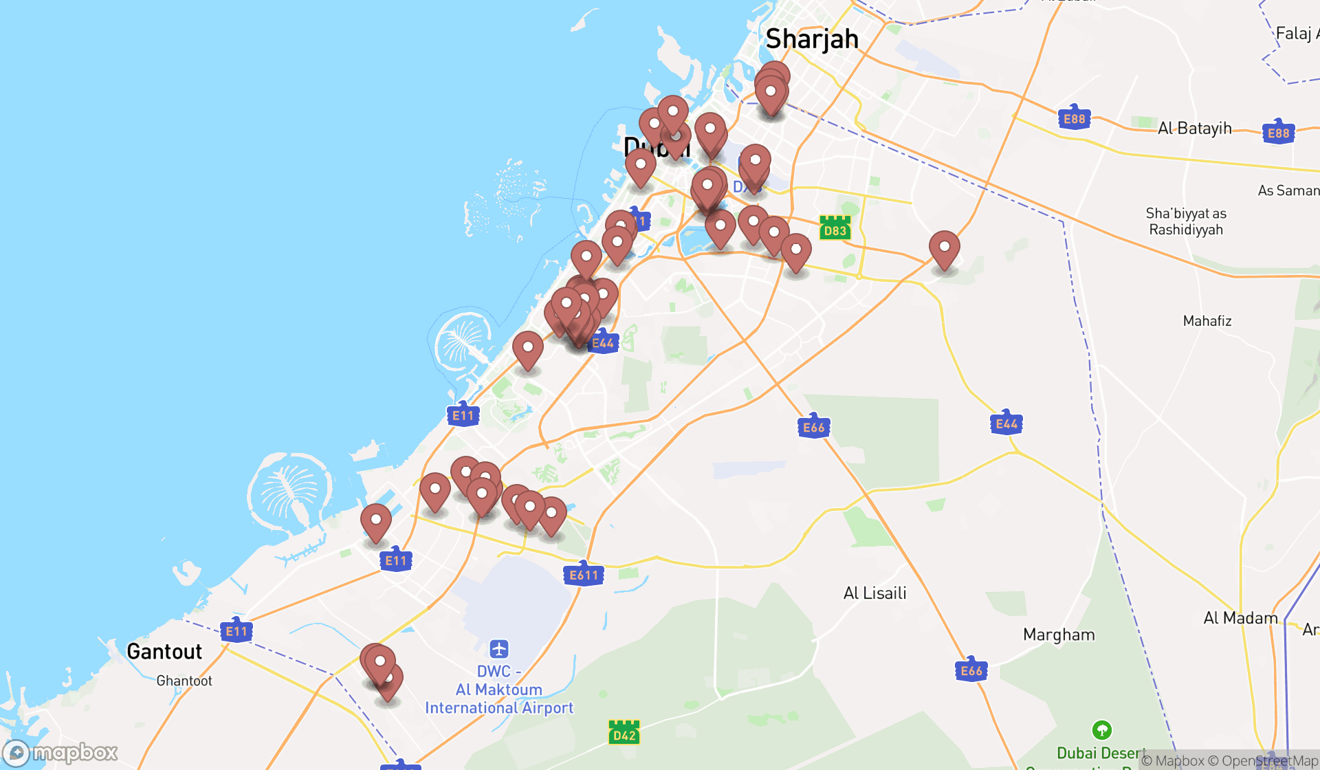 Map showing the search results in Dubai