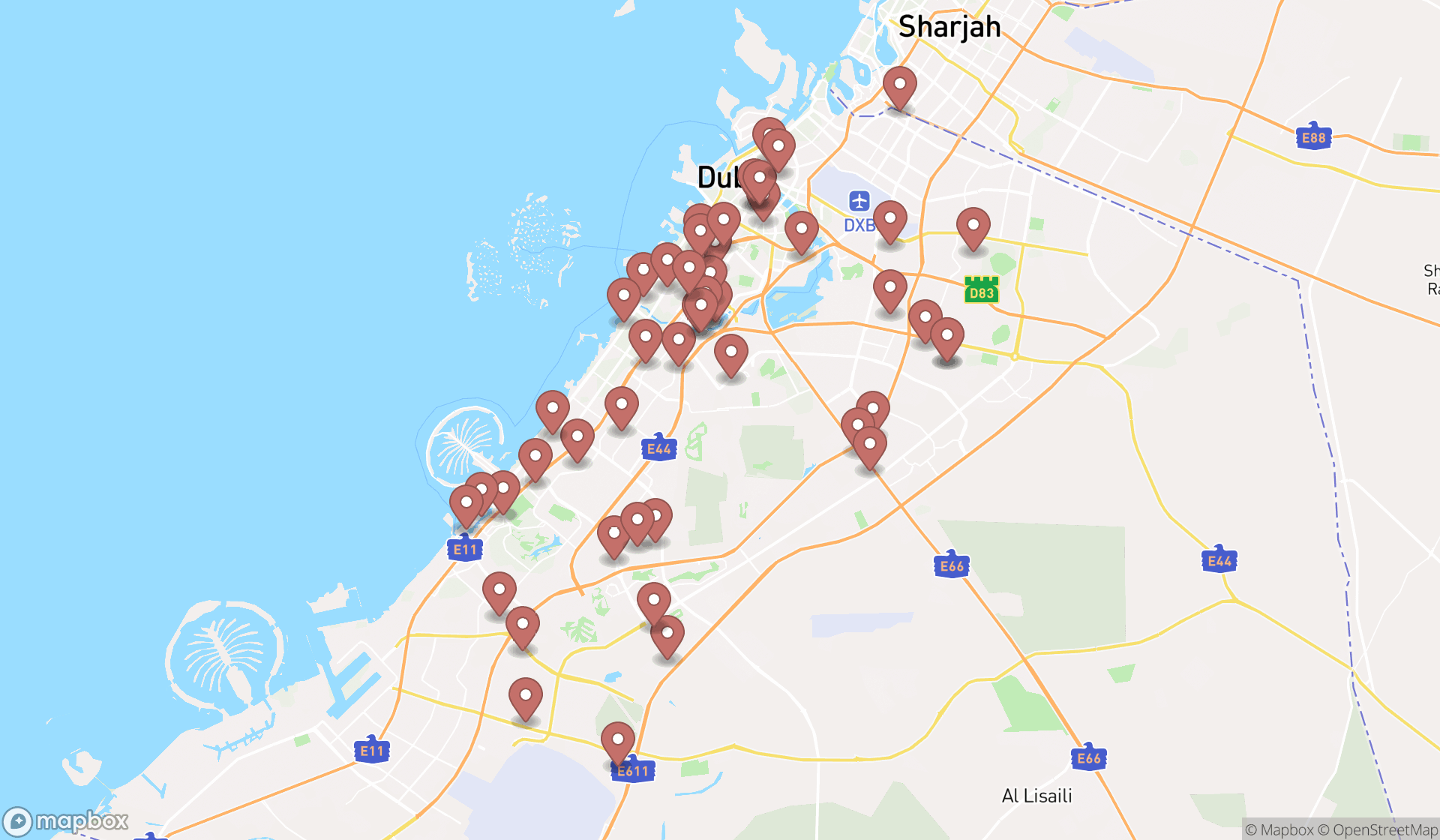 Map showing the search results in Dubai