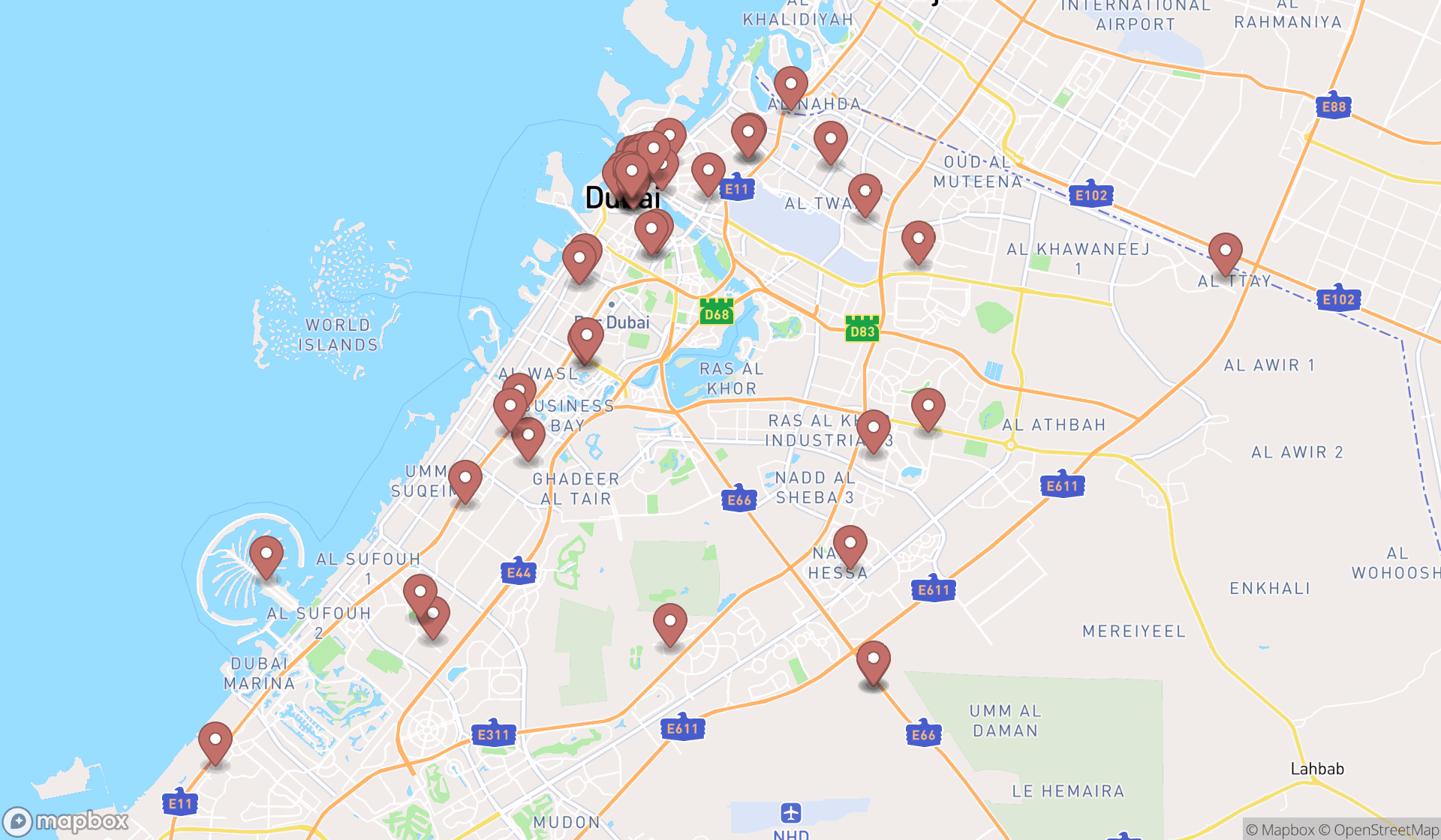 Map showing the search results in Dubai